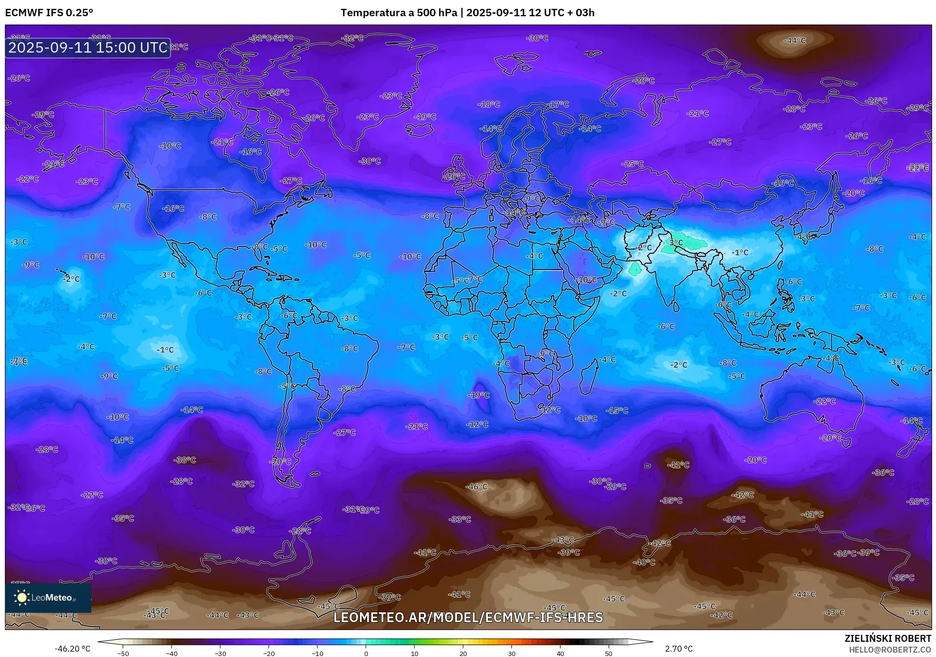 ECMWF IFS 0.25° model - Mundo, Temperatura a 500 hPa
