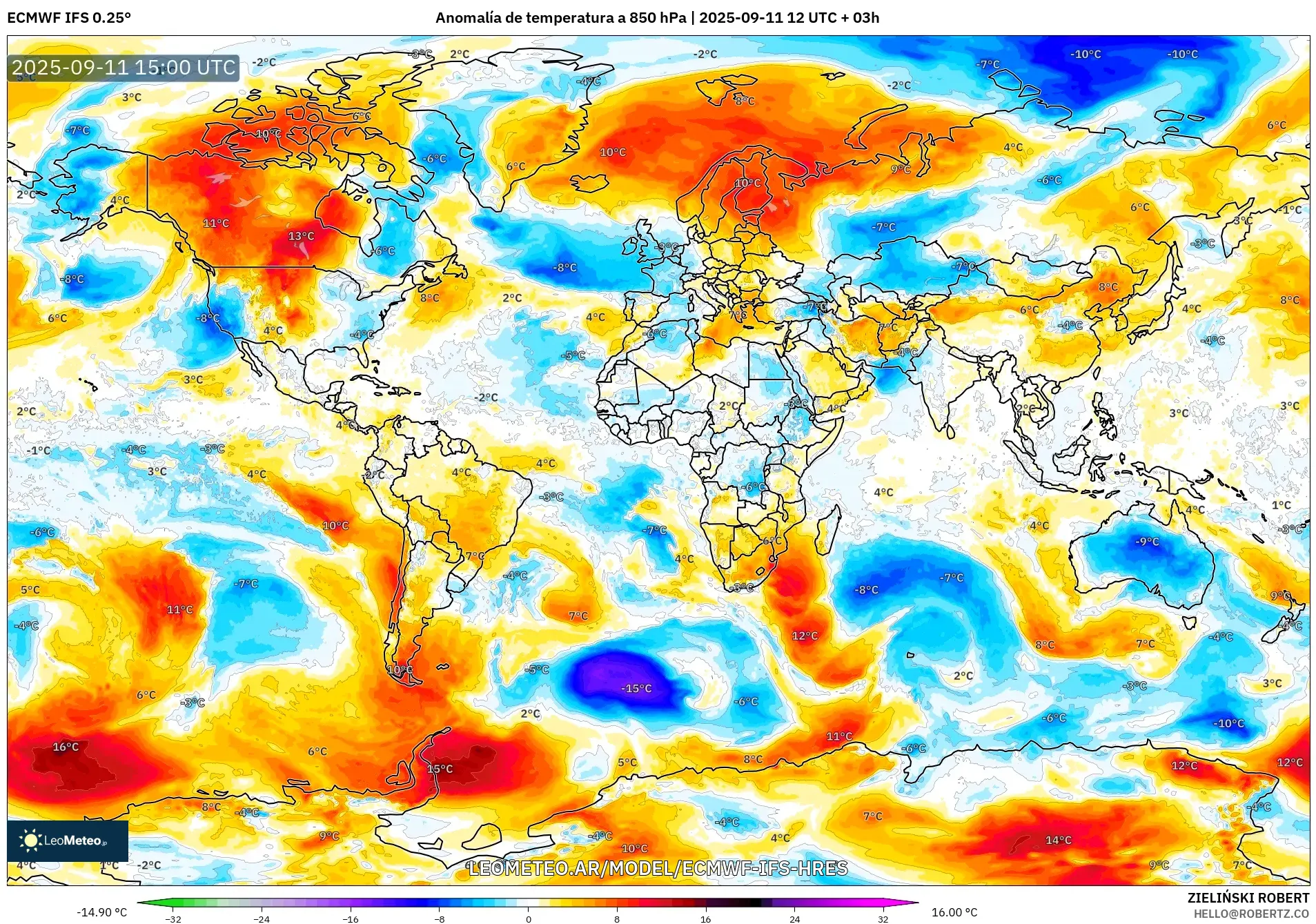 ECMWF IFS 0.25° model - Mundo, Anomalía de temperatura a 850 hPa