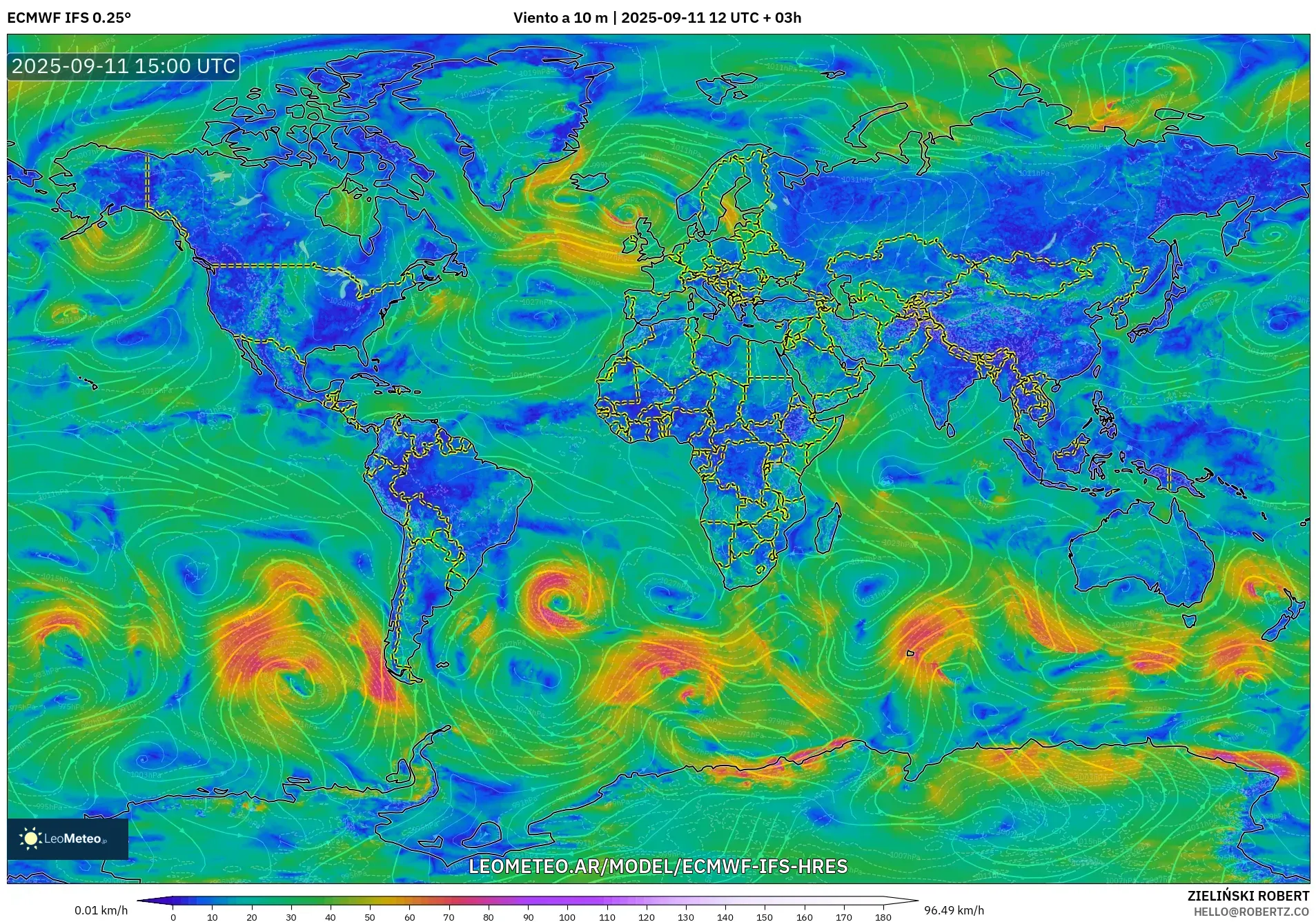ECMWF IFS 0.25° model - Mundo, Viento a 10 m
