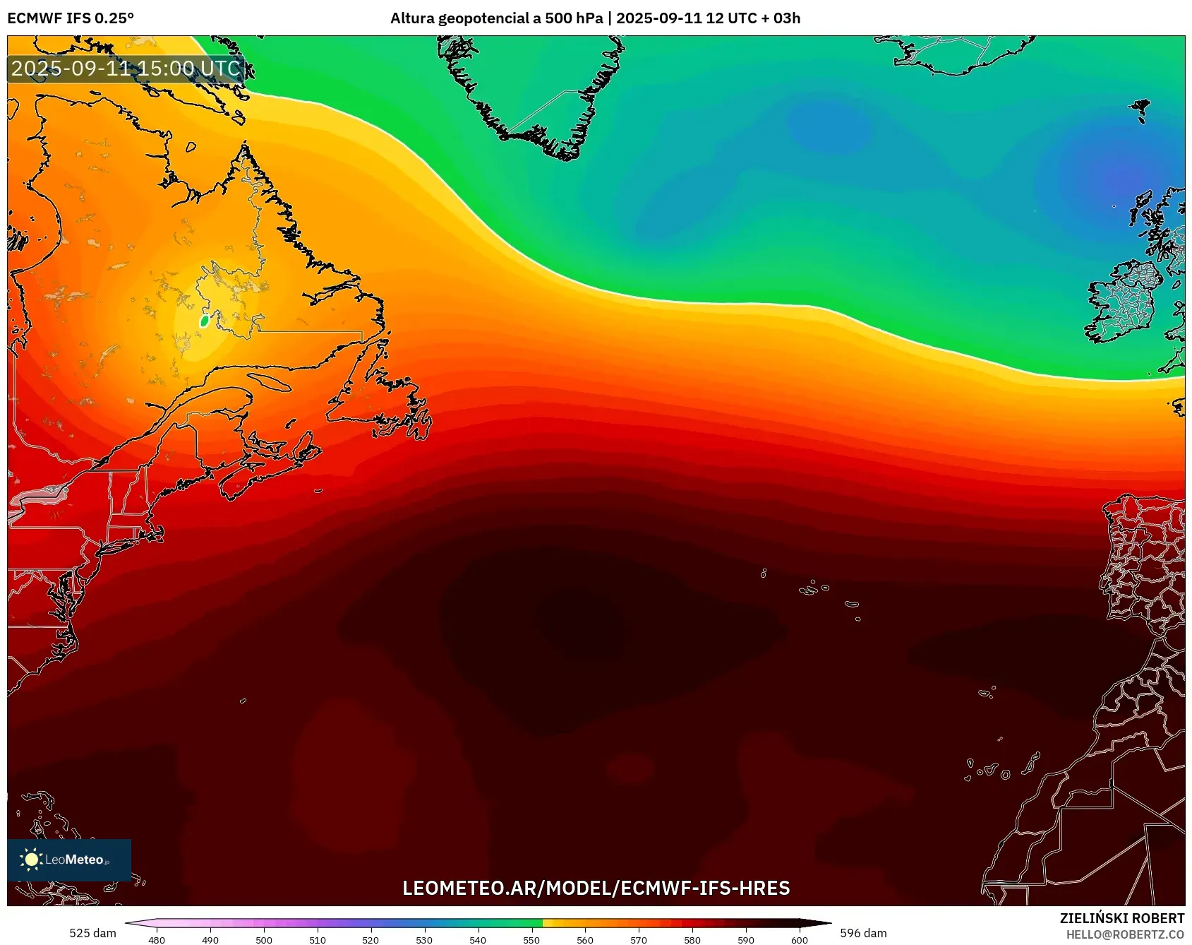 ECMWF IFS 0.25° model - Norte Atlántico, Altura geopotencial a 500 hPa