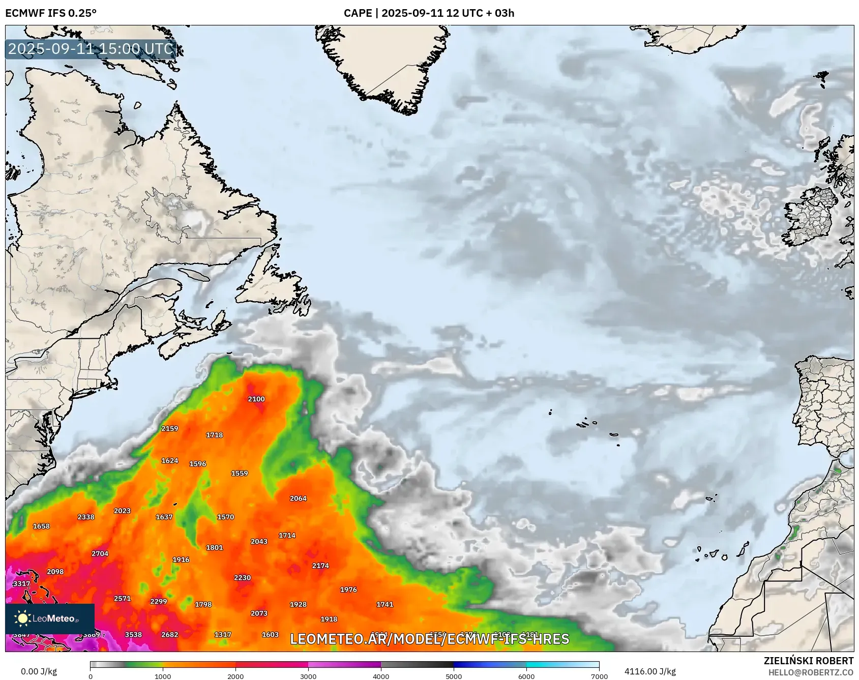 ECMWF IFS 0.25° model - Norte Atlántico, CAPE