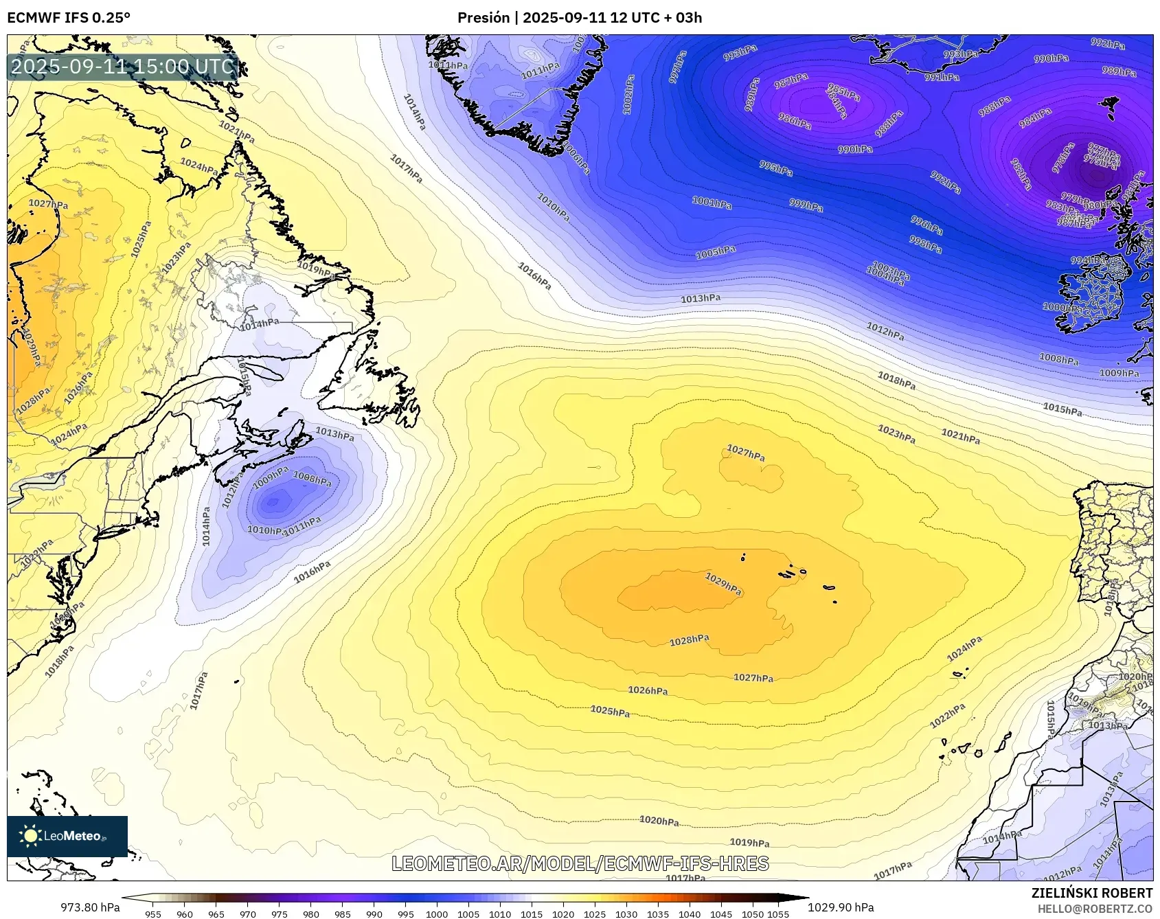 ECMWF IFS 0.25° model - Norte Atlántico, Presión