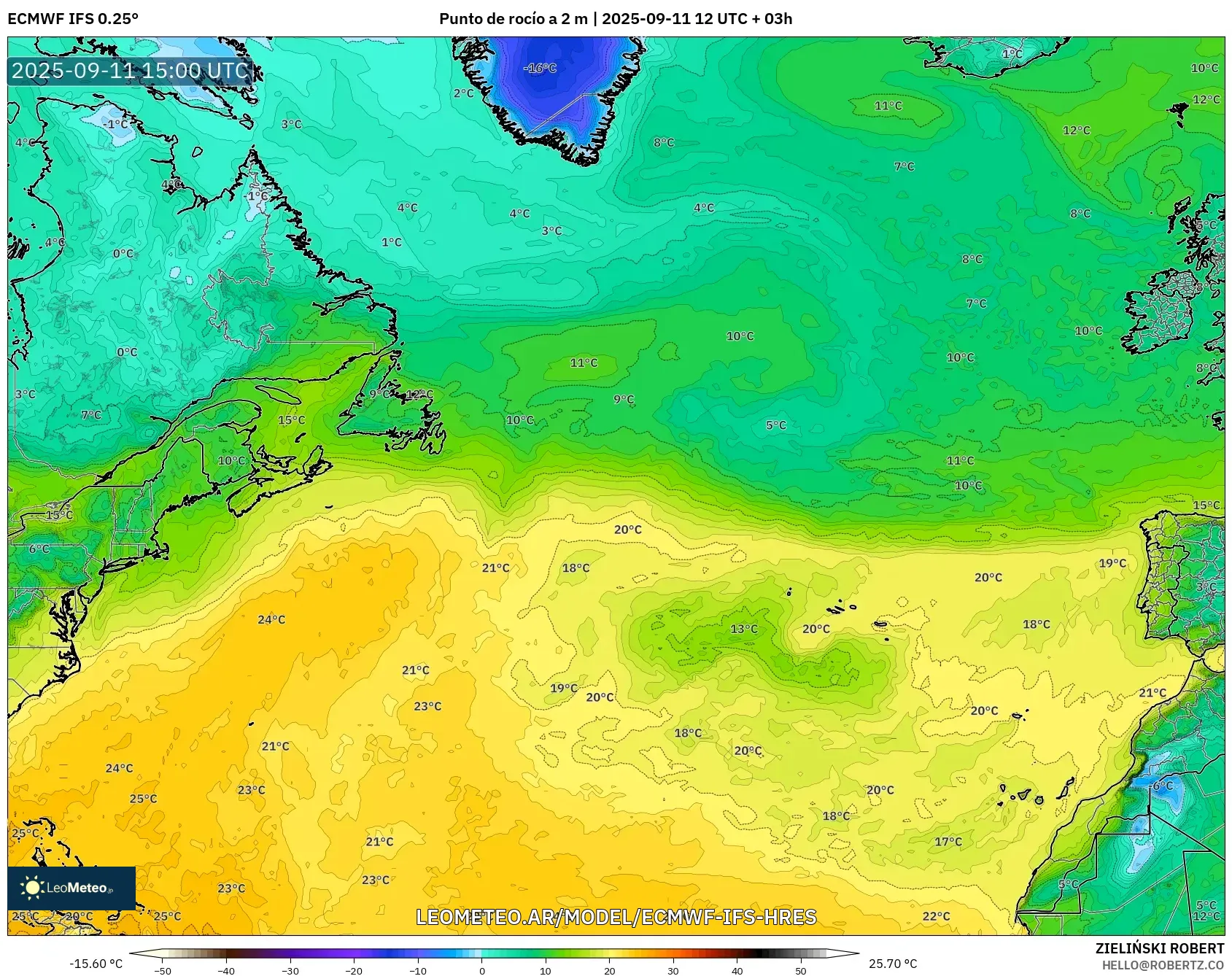ECMWF IFS 0.25° model - Norte Atlántico, Punto de rocío a 2 m