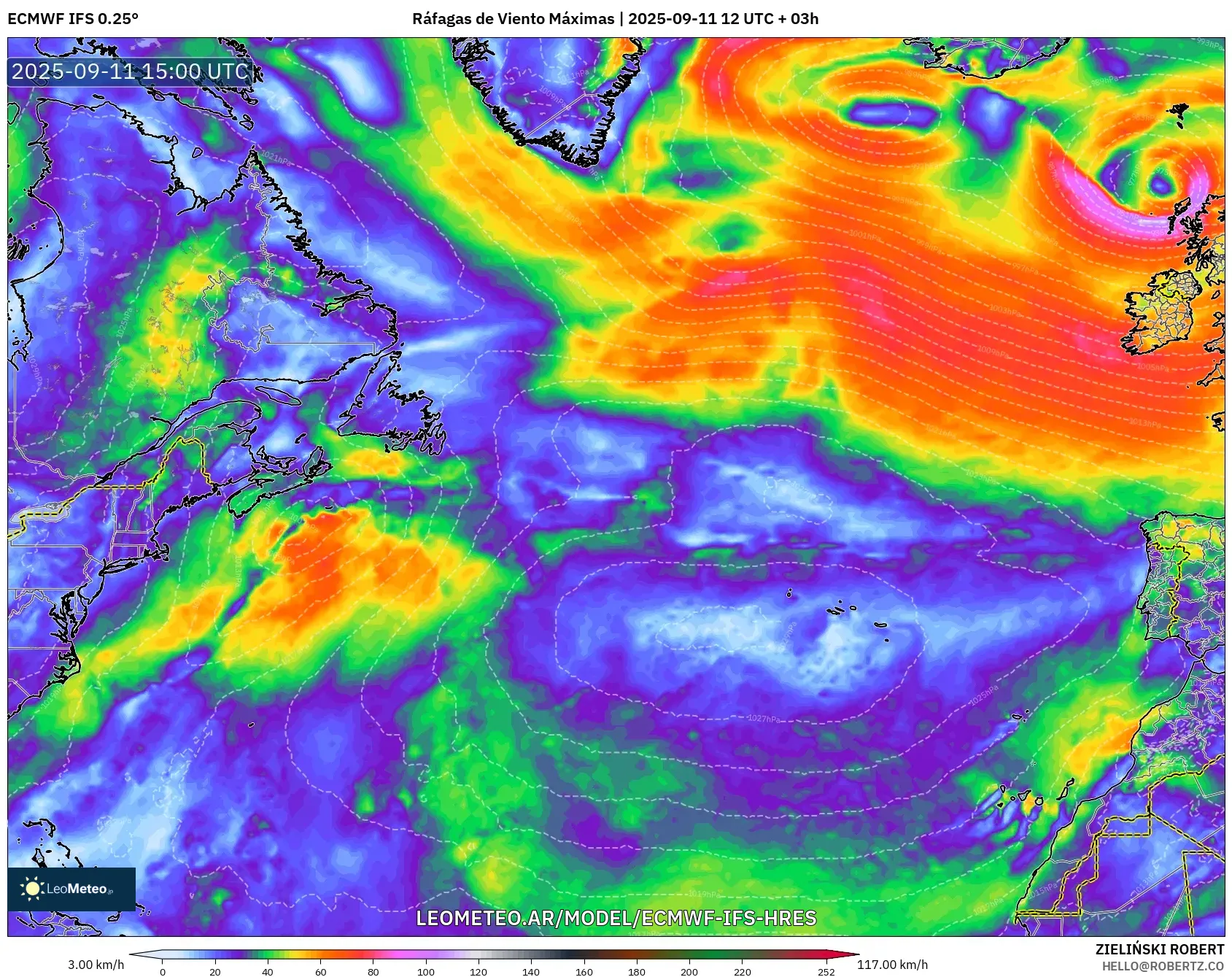 ECMWF IFS 0.25° model - Norte Atlántico, Ráfagas de Viento Máximas ECMWF IFS 0.25° model - Norte Atlántico, Ráfagas de Viento Máximas