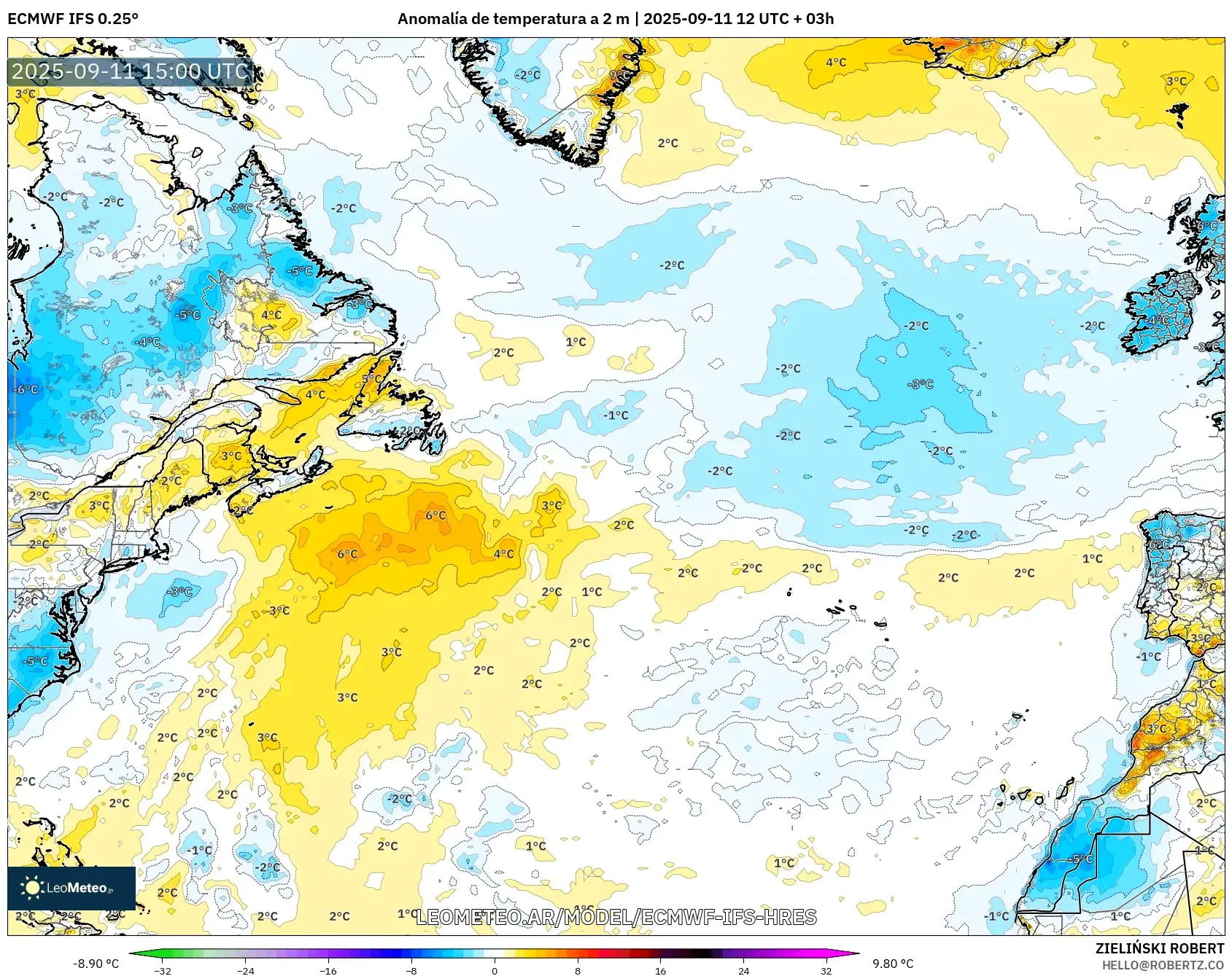 ECMWF IFS 0.25° model - Norte Atlántico, Anomalía de temperatura a 2 m ECMWF IFS 0.25° model - Norte Atlántico, Anomalía de temperatura a 2 m