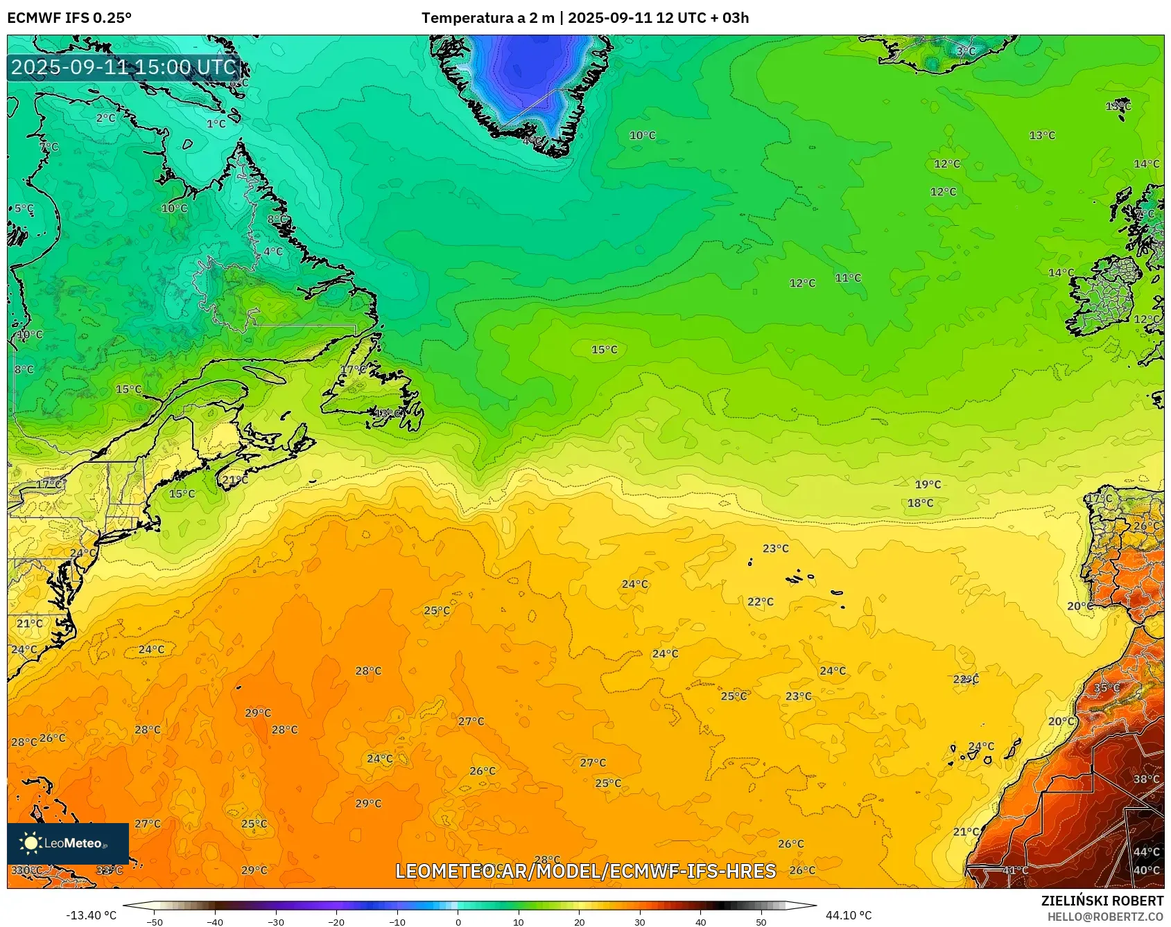 ECMWF IFS 0.25° model - Norte Atlántico, Temperatura a 2 m ECMWF IFS 0.25° model - Norte Atlántico, Temperatura a 2 m