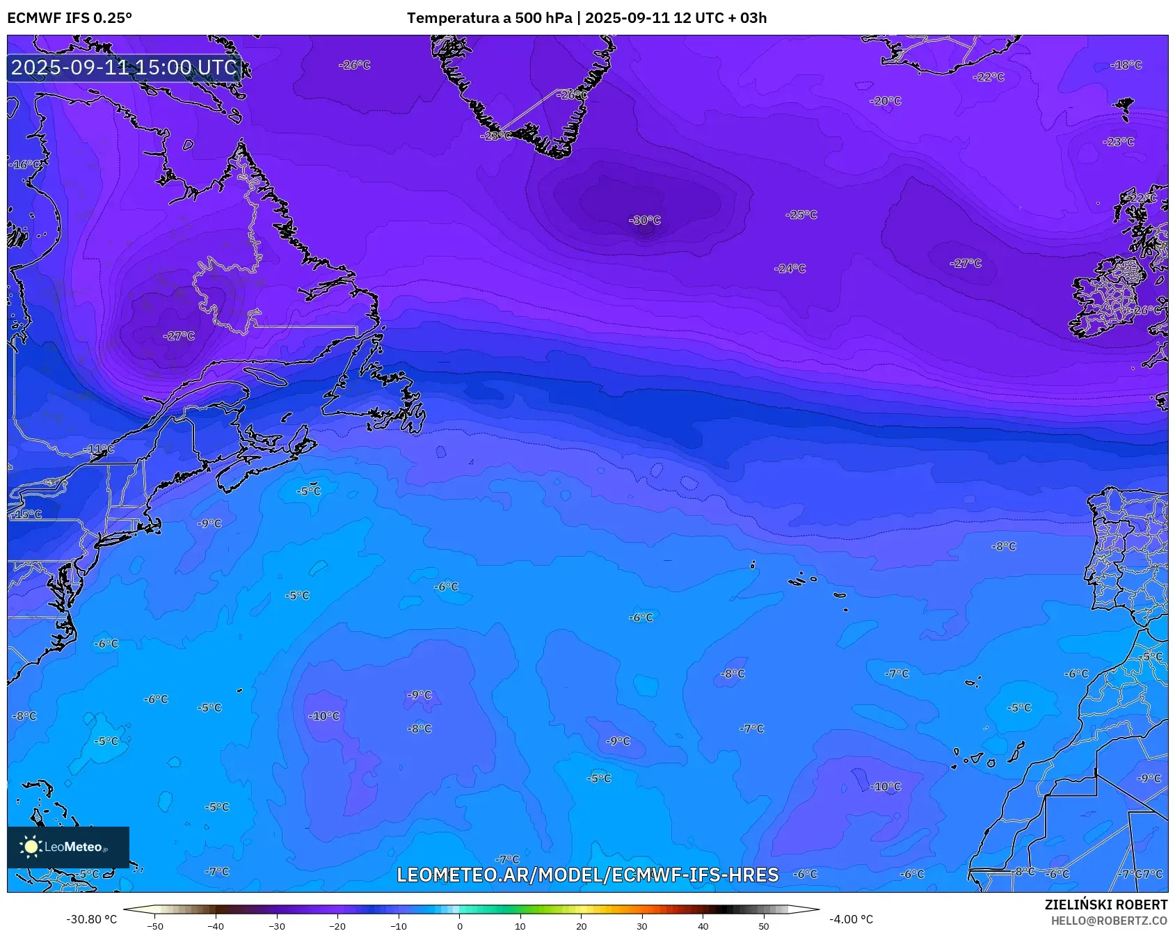 ECMWF IFS 0.25° model - Norte Atlántico, Temperatura a 500 hPa ECMWF IFS 0.25° model - Norte Atlántico, Temperatura a 500 hPa