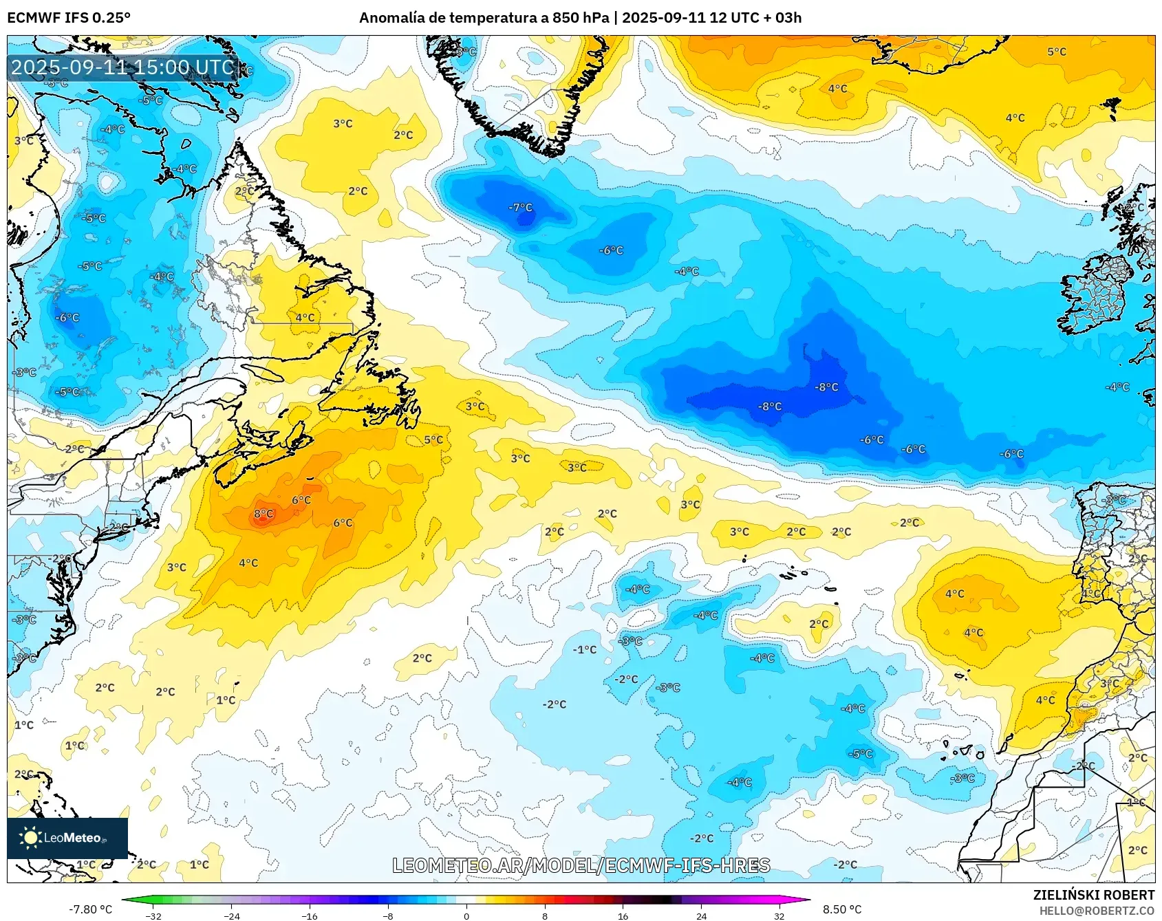 ECMWF IFS 0.25° model - Norte Atlántico, Anomalía de temperatura a 850 hPa