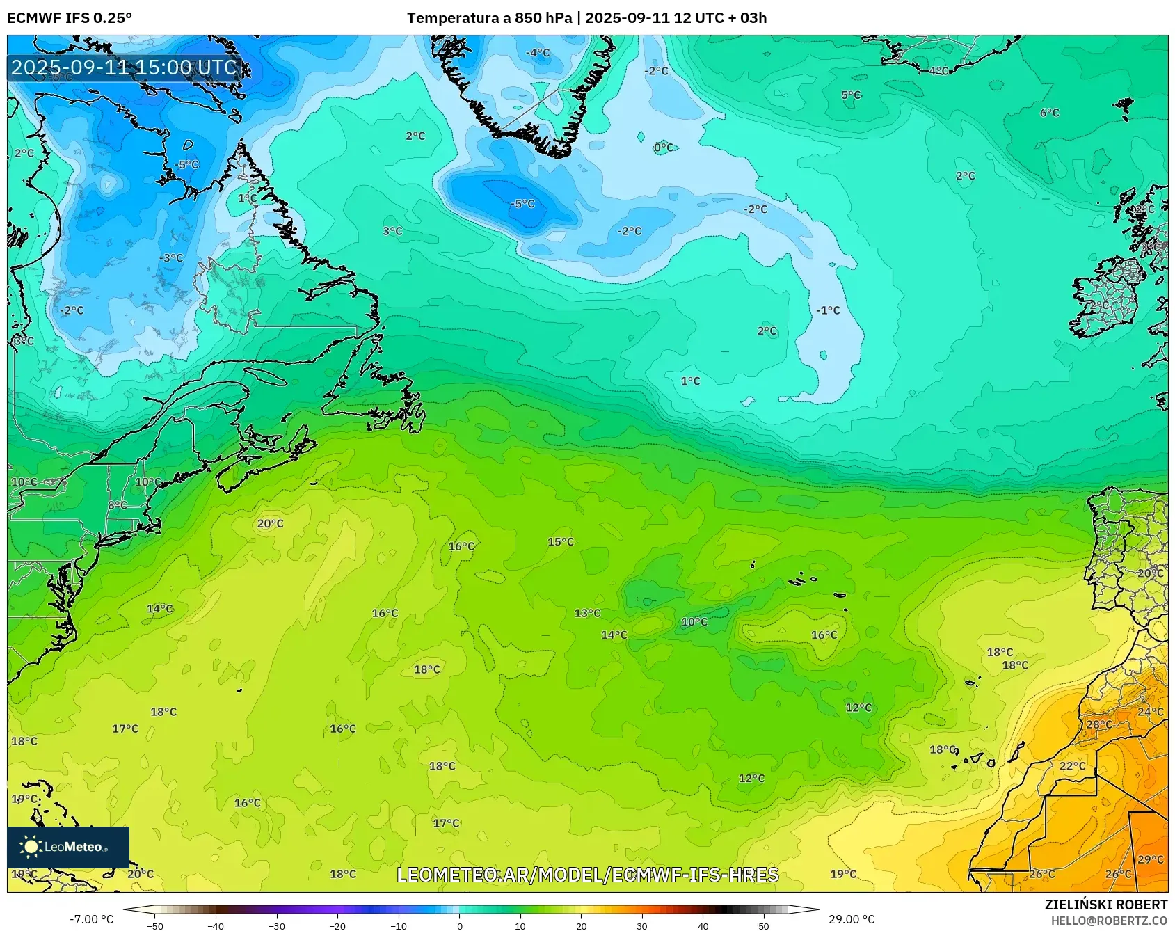 ECMWF IFS 0.25° model - Norte Atlántico, Temperatura a 850 hPa