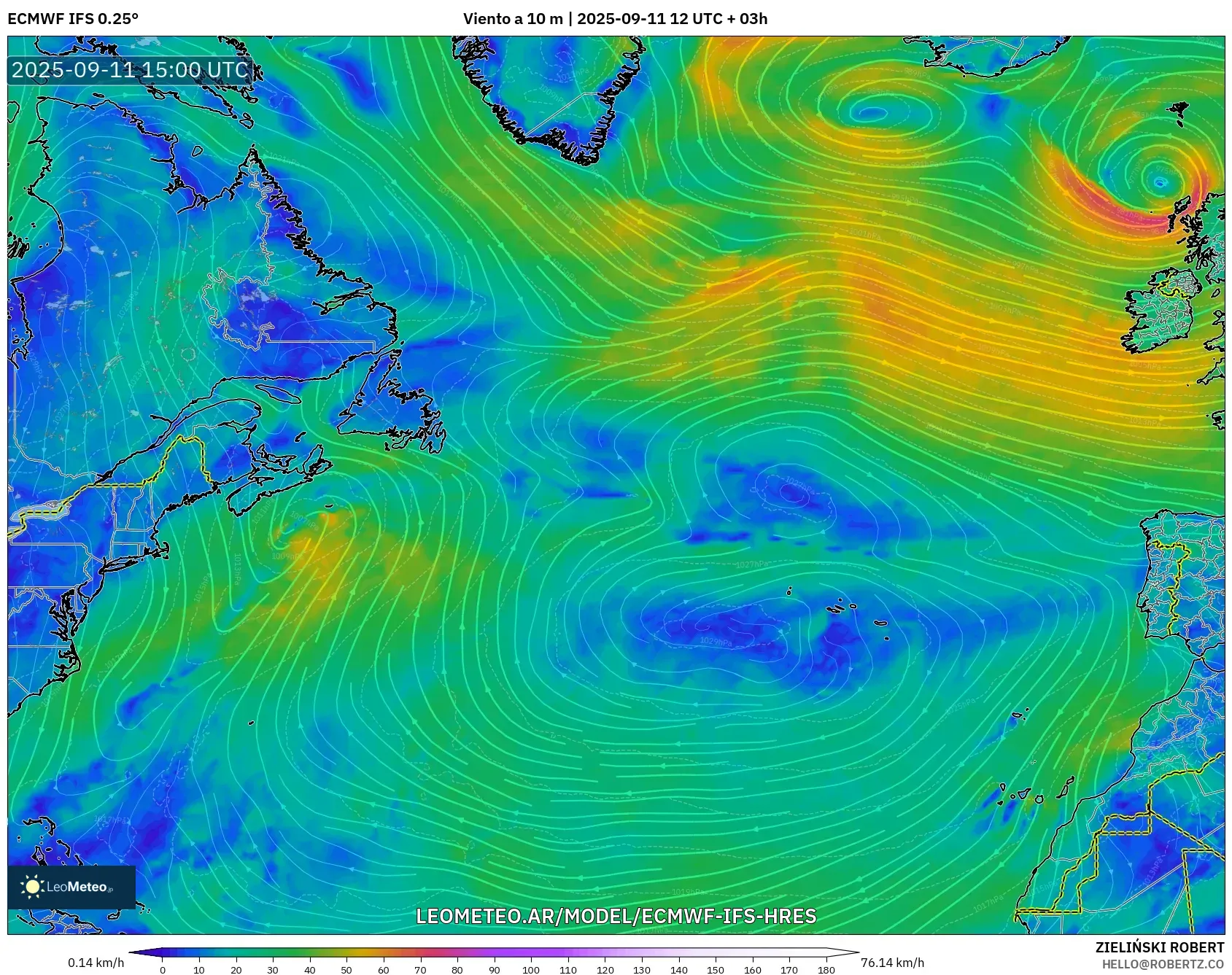 ECMWF IFS 0.25° model - Norte Atlántico, Viento a 10 m ECMWF IFS 0.25° model - Norte Atlántico, Viento a 10 m