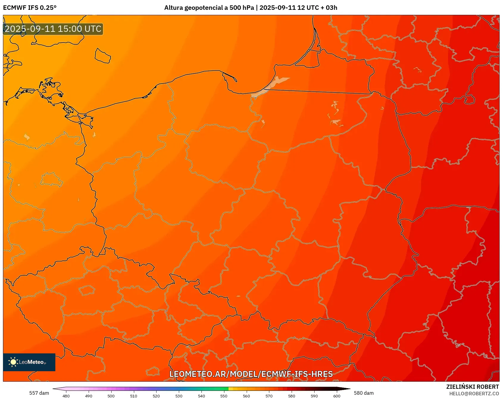 ECMWF IFS 0.25° model - Polonia, Altura geopotencial a 500 hPa
