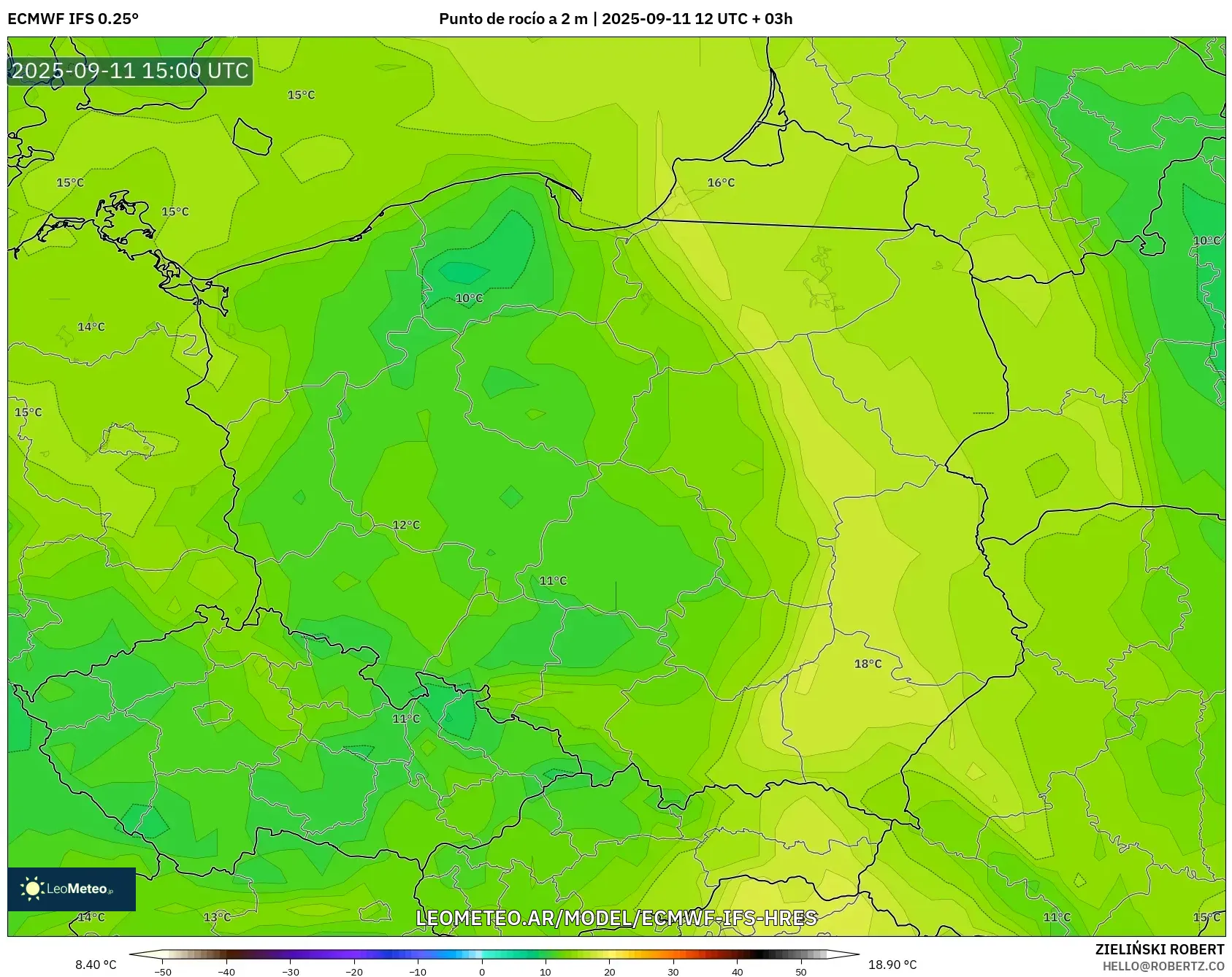 ECMWF IFS 0.25° model - Polonia, Punto de rocío a 2 m