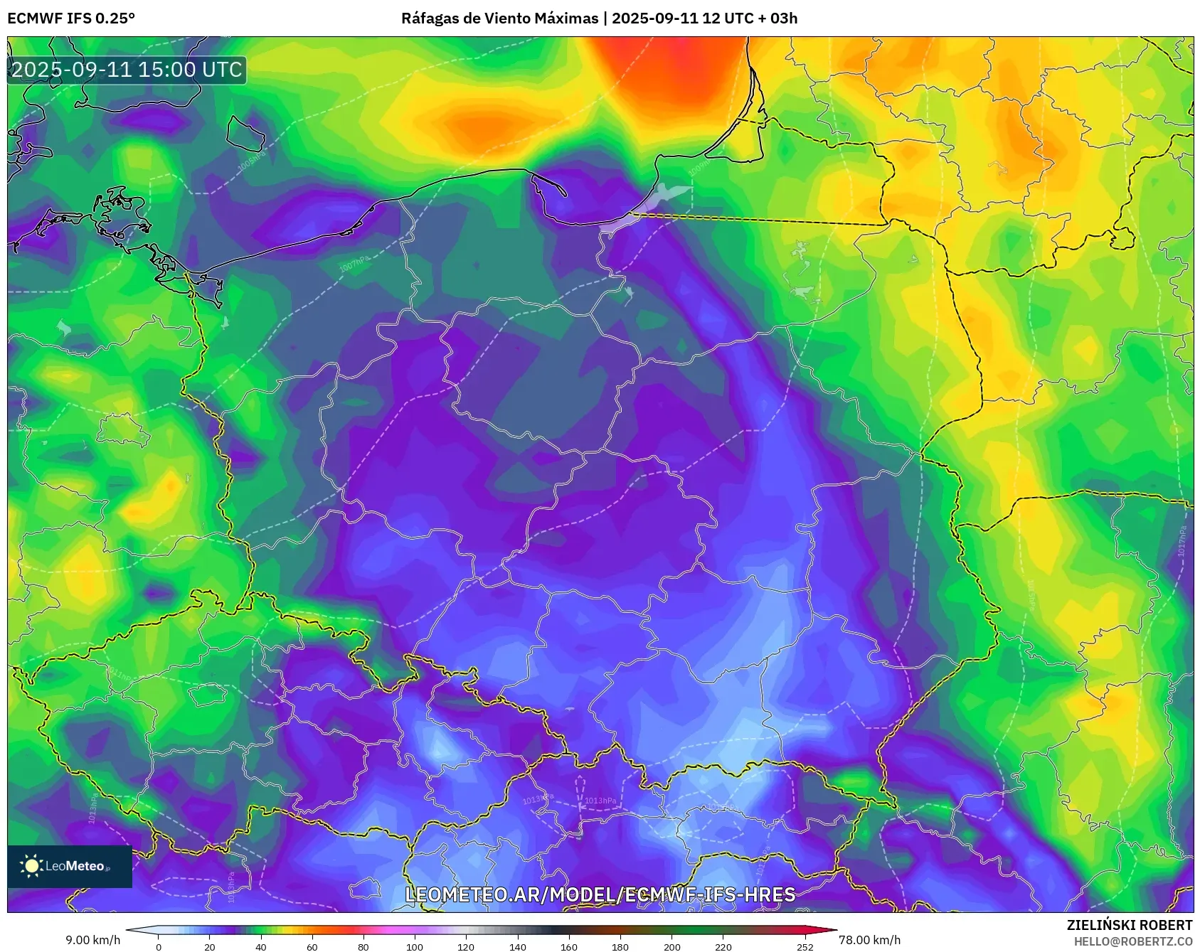 ECMWF IFS 0.25° model - Polonia, Ráfagas de Viento Máximas ECMWF IFS 0.25° model - Polonia, Ráfagas de Viento Máximas