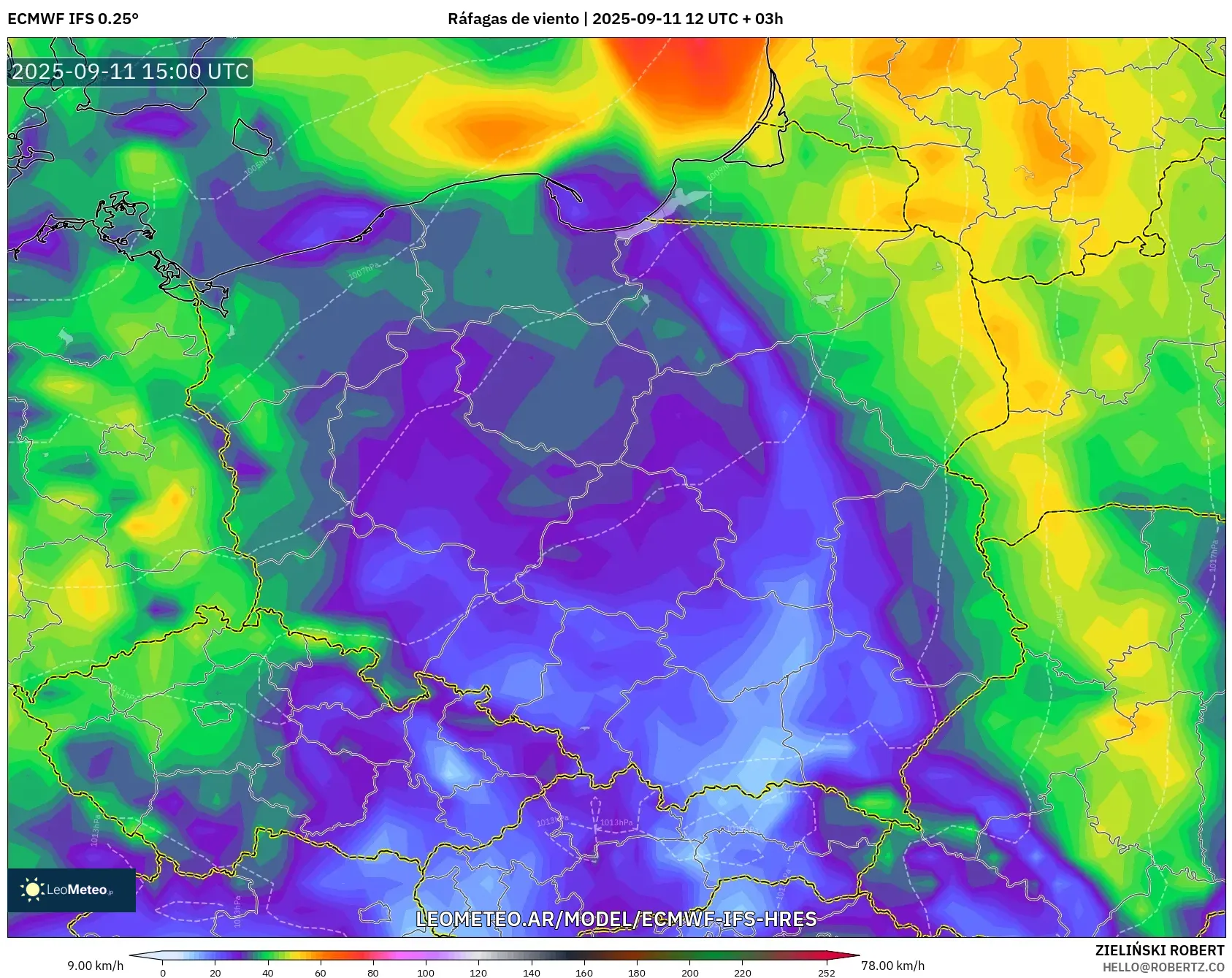 ECMWF IFS 0.25° model - Polonia, Ráfagas de viento ECMWF IFS 0.25° model - Polonia, Ráfagas de viento