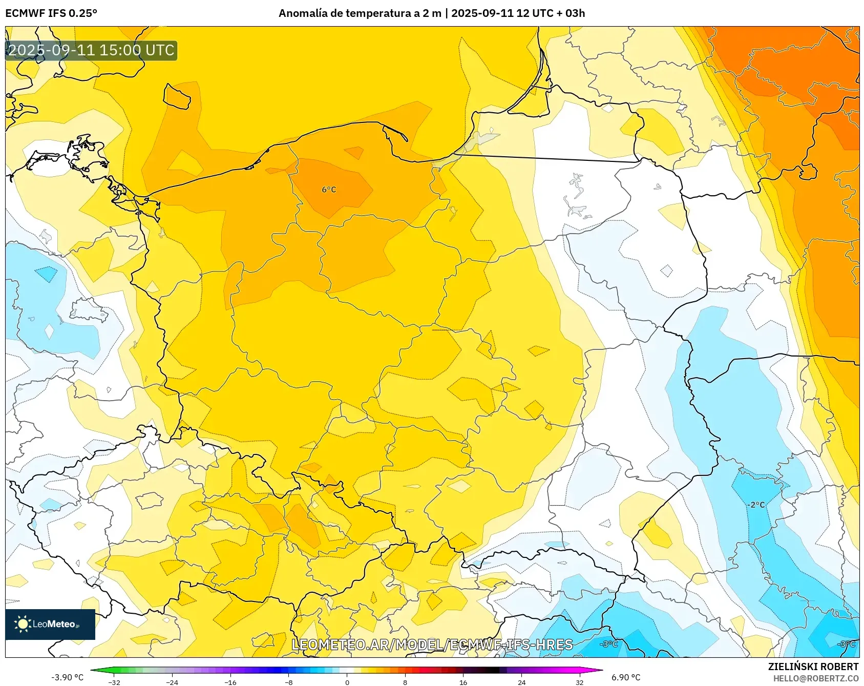 ECMWF IFS 0.25° model - Polonia, Anomalía de temperatura a 2 m