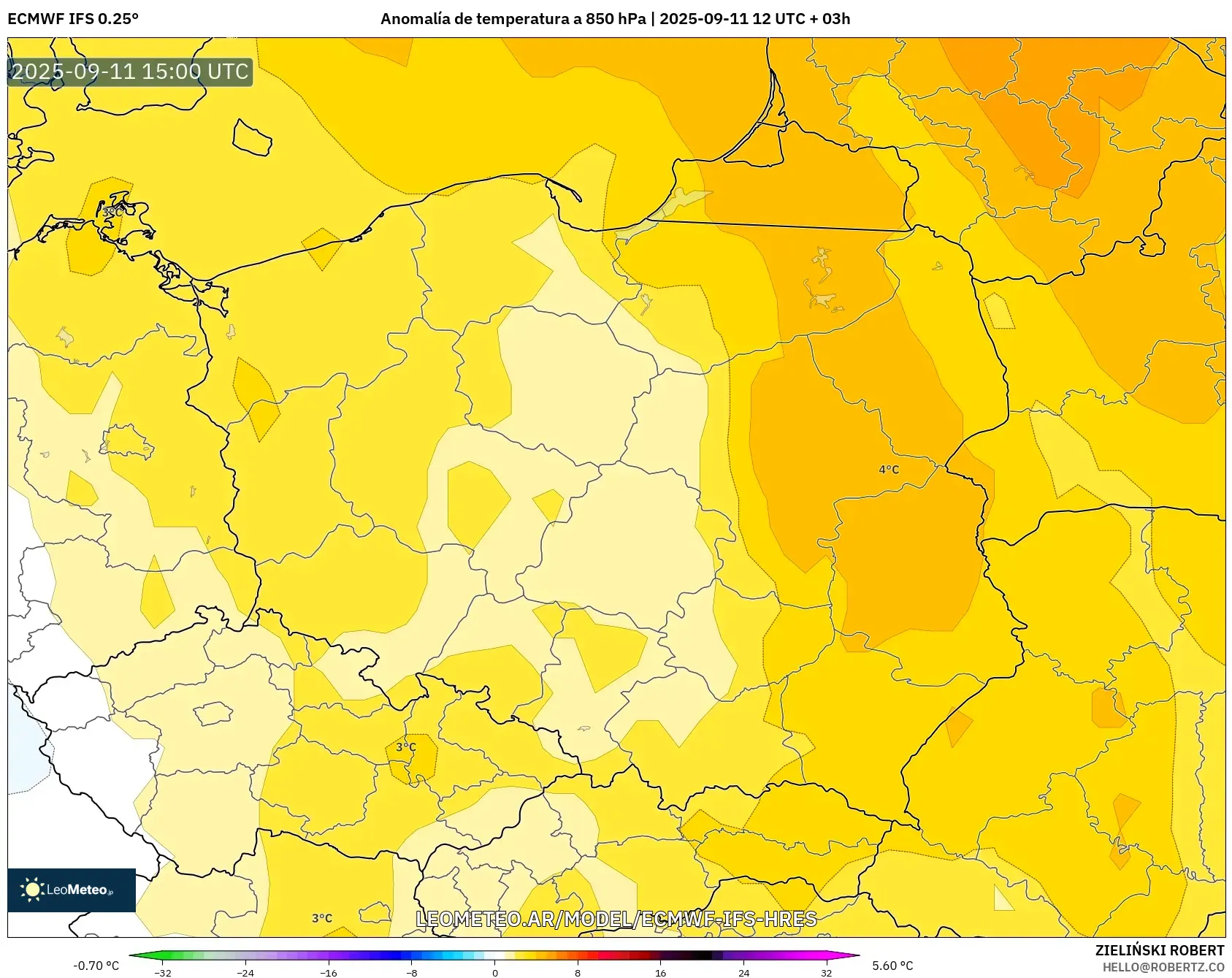 ECMWF IFS 0.25° model - Polonia, Anomalía de temperatura a 850 hPa
