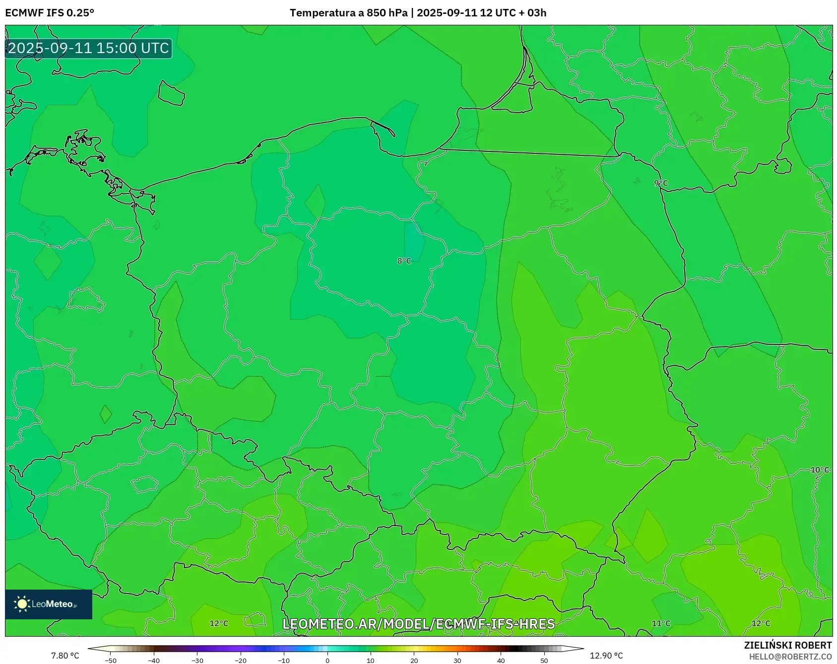 ECMWF IFS 0.25° model - Polonia, Temperatura a 850 hPa