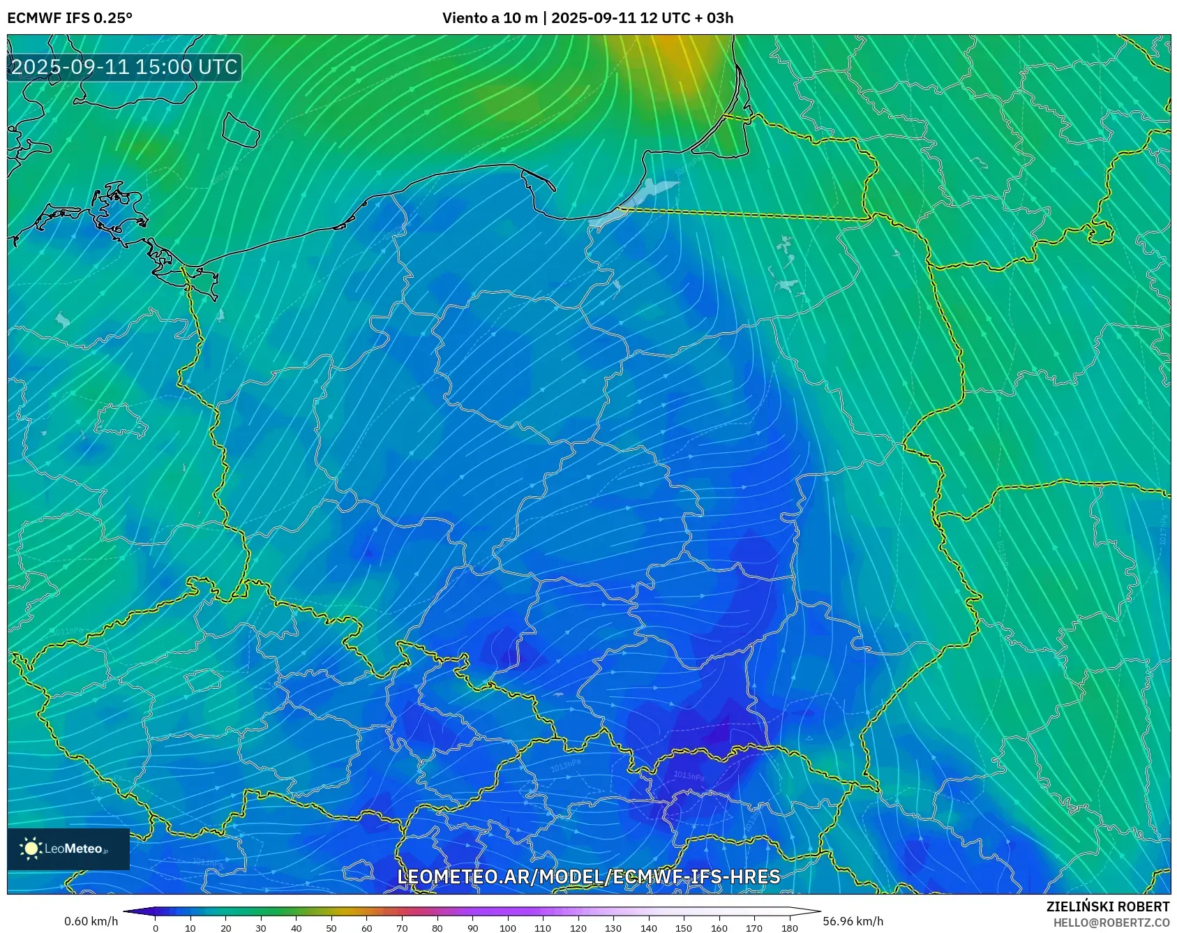 ECMWF IFS 0.25° model - Polonia, Viento a 10 m ECMWF IFS 0.25° model - Polonia, Viento a 10 m