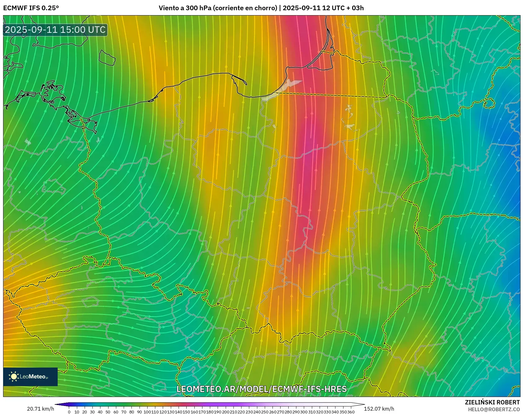 ECMWF IFS 0.25° model - Polonia, Viento a 300 hPa (corriente en chorro) ECMWF IFS 0.25° model - Polonia, Viento a 300 hPa (corriente en chorro)