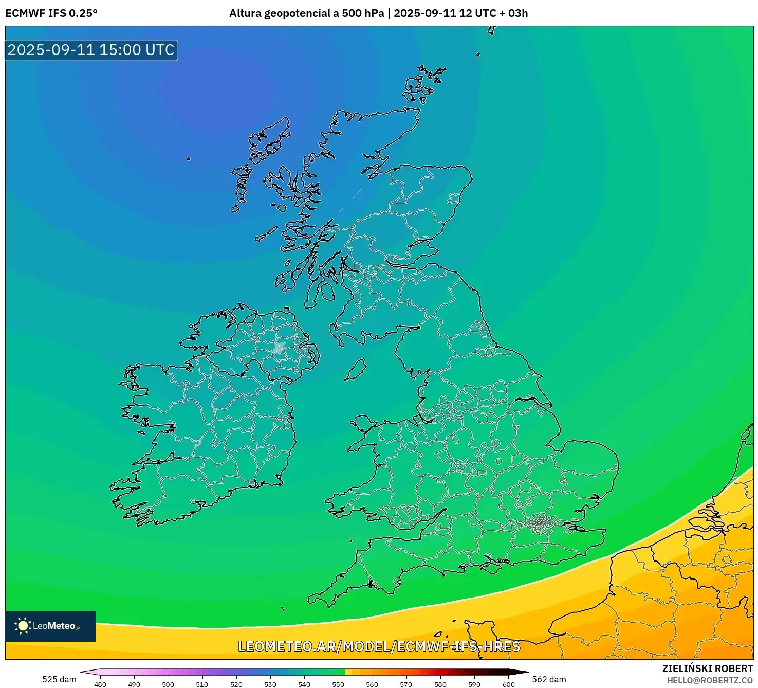 ECMWF IFS 0.25° model - Reino Unido, Altura geopotencial a 500 hPa