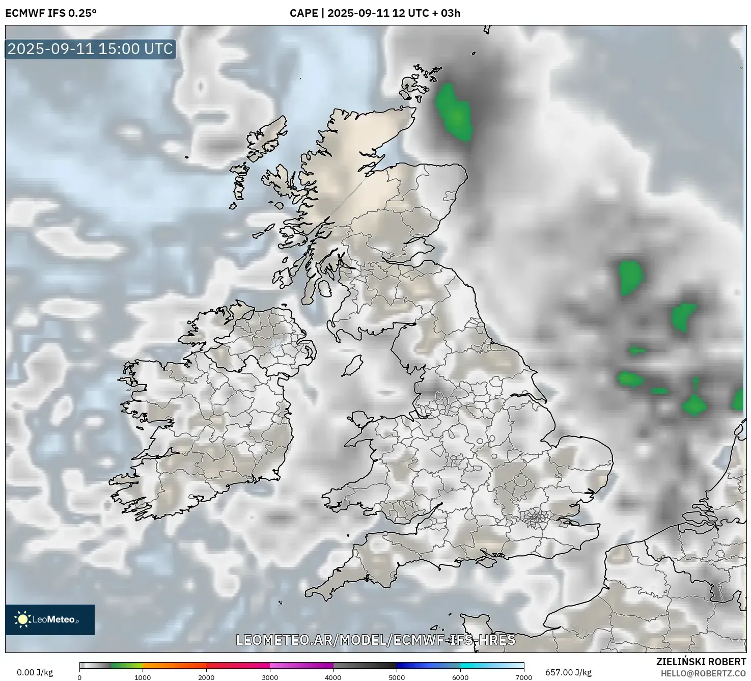 ECMWF IFS 0.25° model - Reino Unido, CAPE