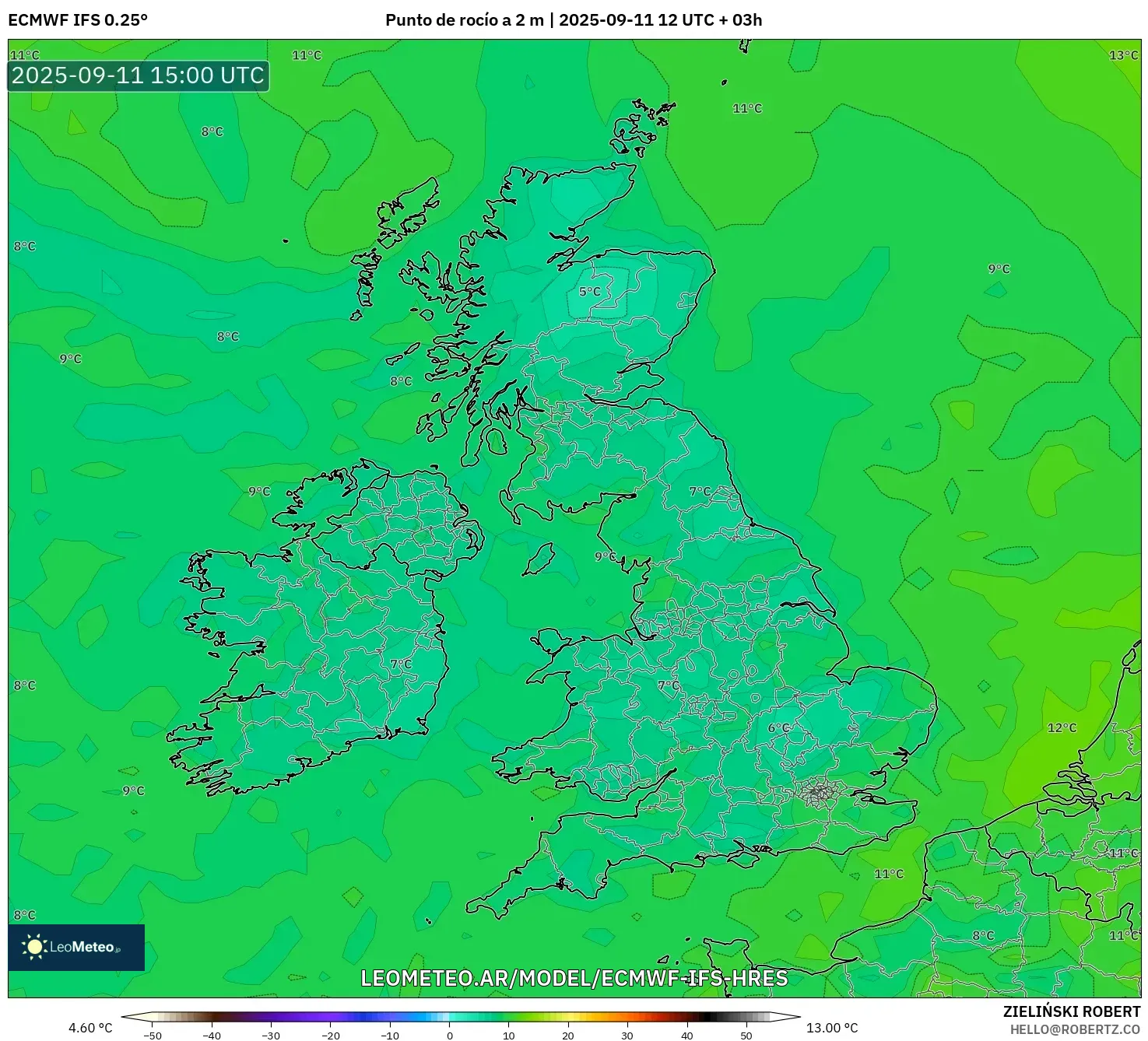 ECMWF IFS 0.25° model - Reino Unido, Punto de rocío a 2 m ECMWF IFS 0.25° model - Reino Unido, Punto de rocío a 2 m