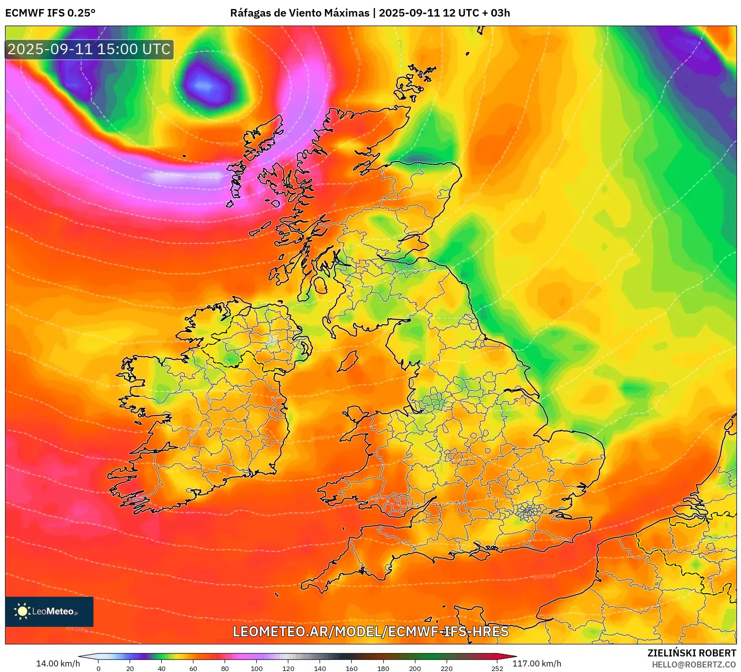 ECMWF IFS 0.25° model - Reino Unido, Ráfagas de Viento Máximas ECMWF IFS 0.25° model - Reino Unido, Ráfagas de Viento Máximas