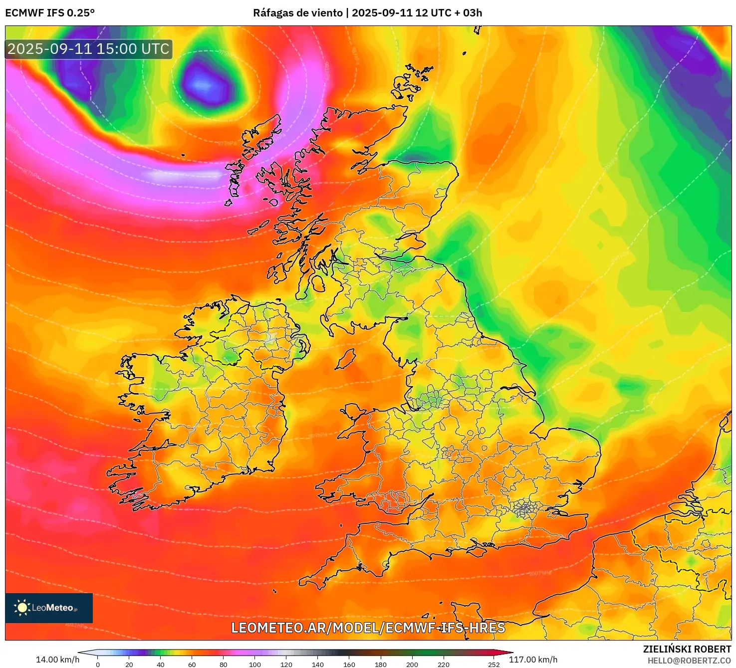 ECMWF IFS 0.25° model - Reino Unido, Ráfagas de viento ECMWF IFS 0.25° model - Reino Unido, Ráfagas de viento
