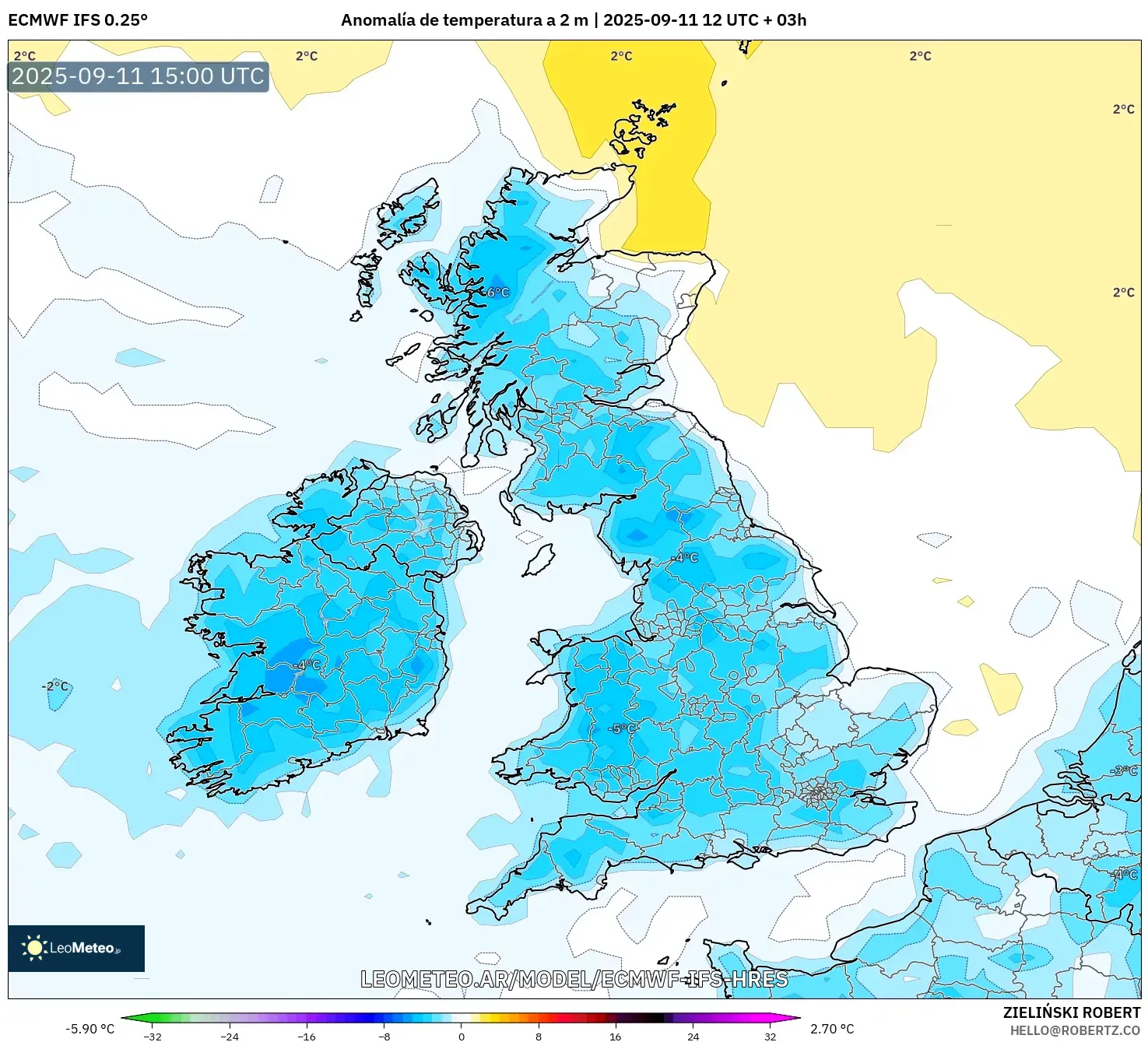 ECMWF IFS 0.25° model - Reino Unido, Anomalía de temperatura a 2 m