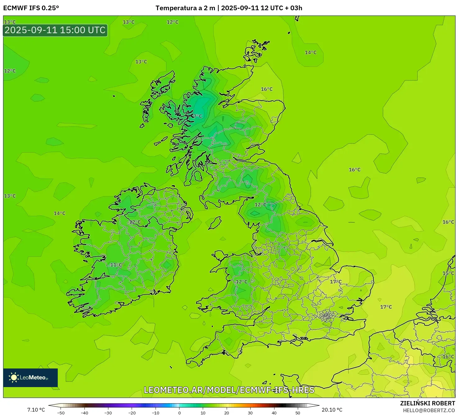 ECMWF IFS 0.25° model - Reino Unido, Temperatura a 2 m ECMWF IFS 0.25° model - Reino Unido, Temperatura a 2 m