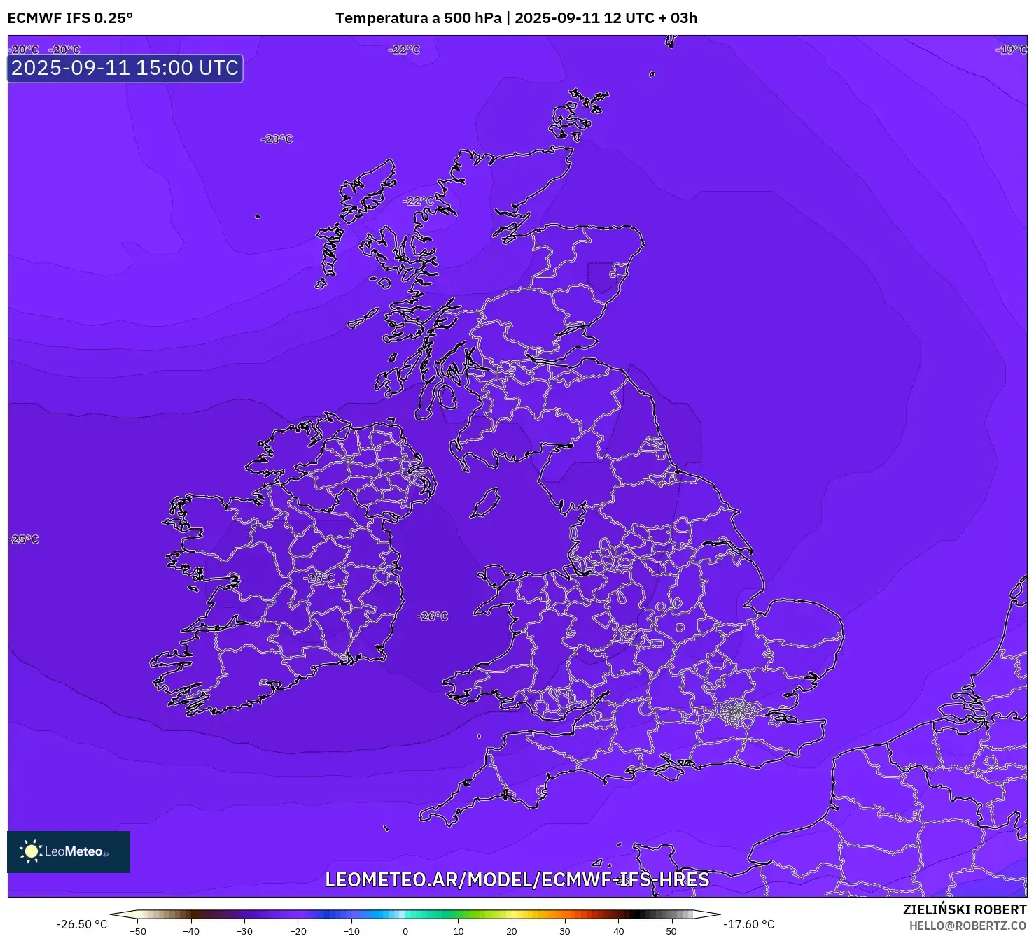 ECMWF IFS 0.25° model - Reino Unido, Temperatura a 500 hPa
