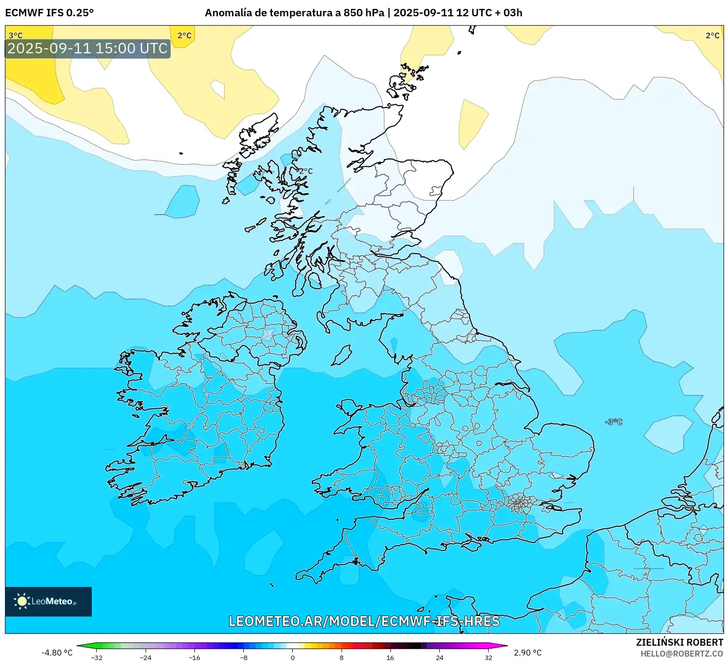 ECMWF IFS 0.25° model - Reino Unido, Anomalía de temperatura a 850 hPa ECMWF IFS 0.25° model - Reino Unido, Anomalía de temperatura a 850 hPa