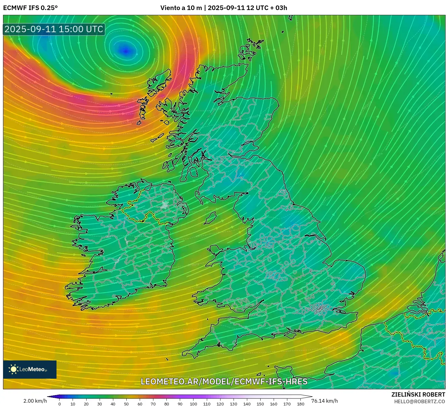 ECMWF IFS 0.25° model - Reino Unido, Viento a 10 m