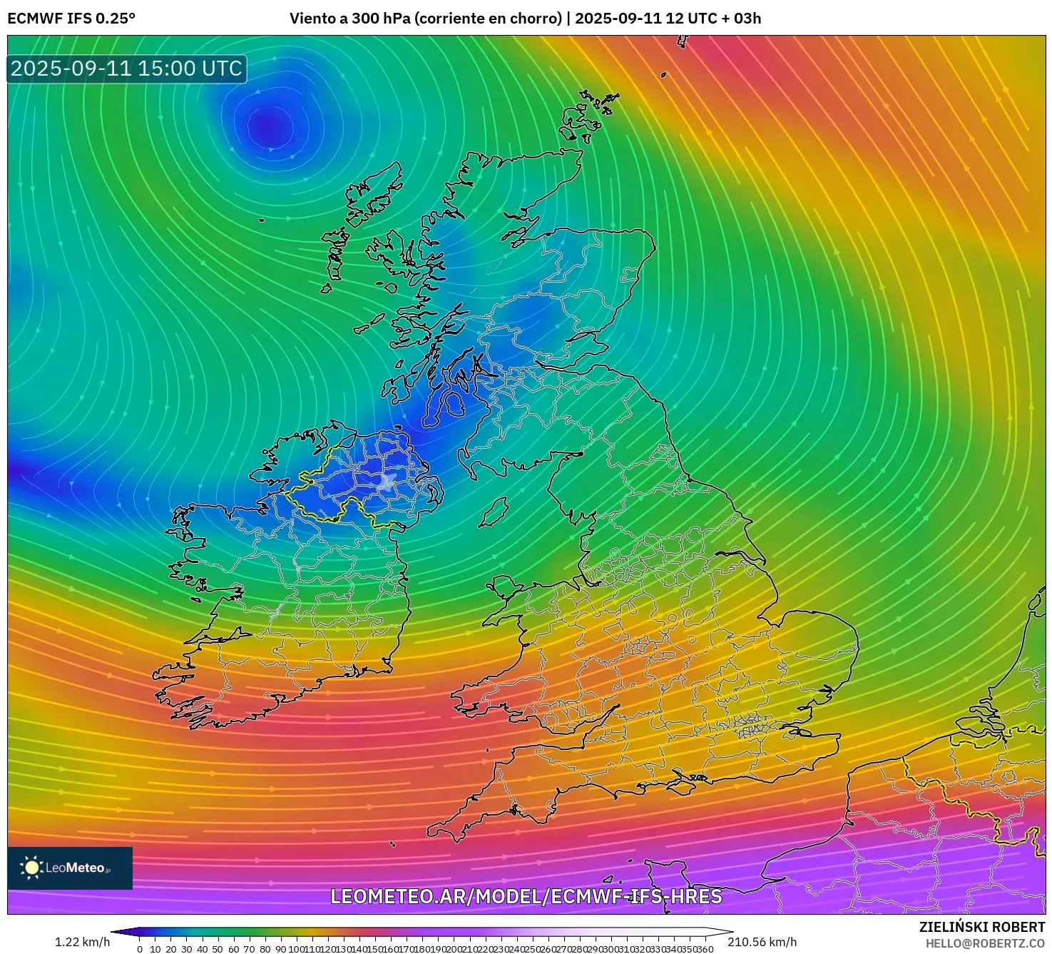 ECMWF IFS 0.25° model - Reino Unido, Viento a 300 hPa (corriente en chorro)