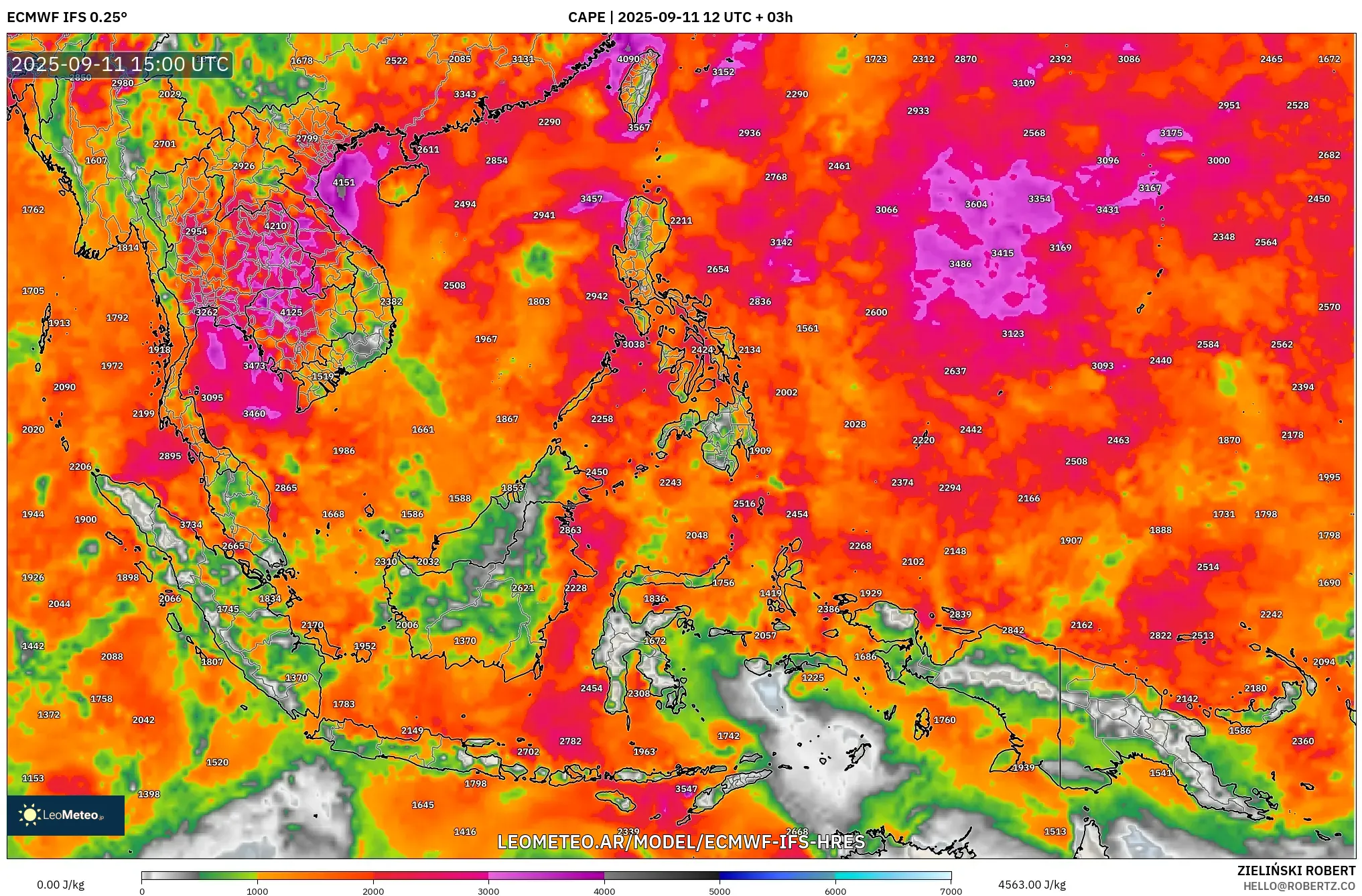 ECMWF IFS 0.25° model - Sudeste Asiático, CAPE ECMWF IFS 0.25° model - Sudeste Asiático, CAPE