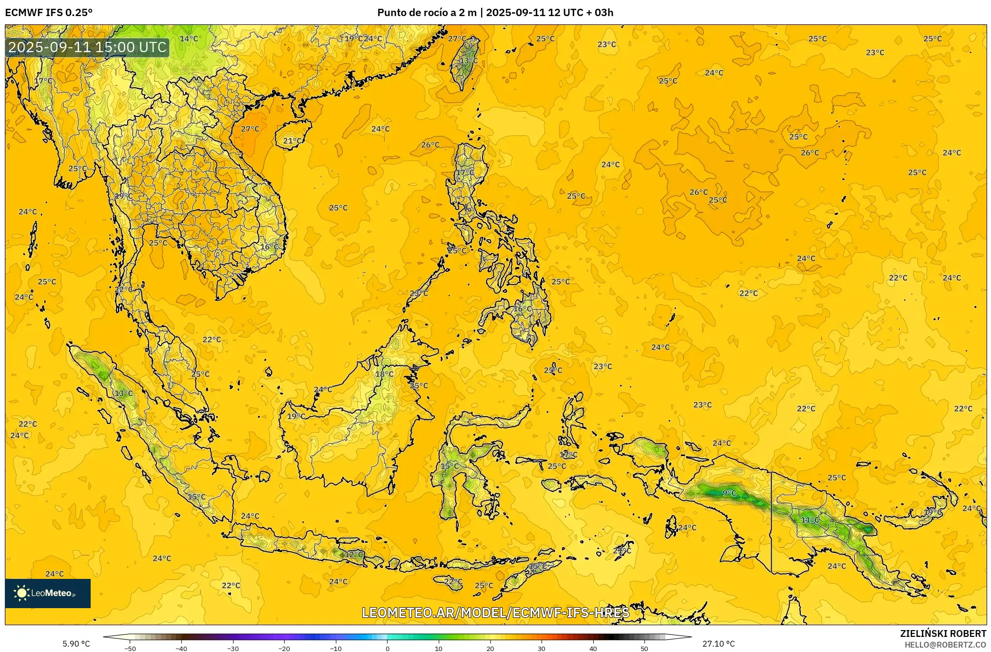 ECMWF IFS 0.25° model - Sudeste Asiático, Punto de rocío a 2 m ECMWF IFS 0.25° model - Sudeste Asiático, Punto de rocío a 2 m
