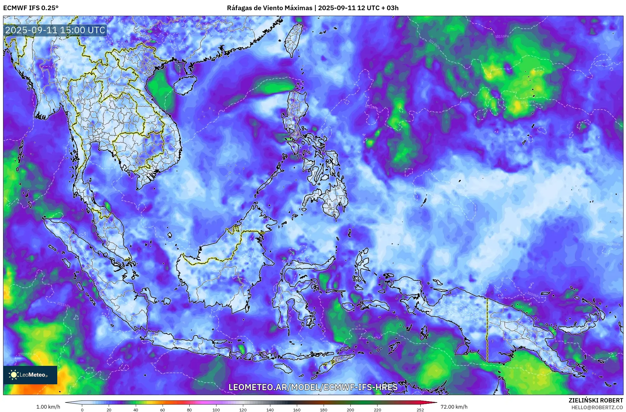 ECMWF IFS 0.25° model - Sudeste Asiático, Ráfagas de Viento Máximas ECMWF IFS 0.25° model - Sudeste Asiático, Ráfagas de Viento Máximas