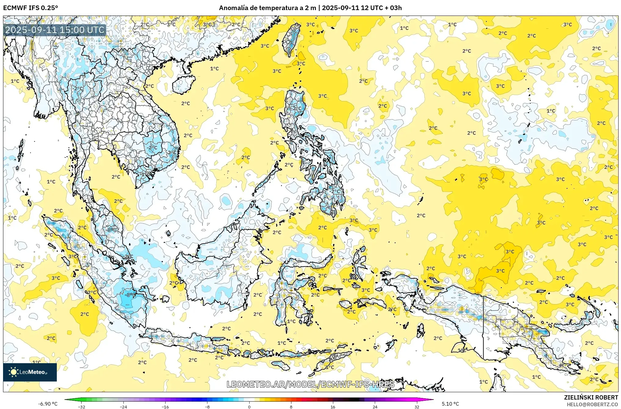 ECMWF IFS 0.25° model - Sudeste Asiático, Anomalía de temperatura a 2 m ECMWF IFS 0.25° model - Sudeste Asiático, Anomalía de temperatura a 2 m
