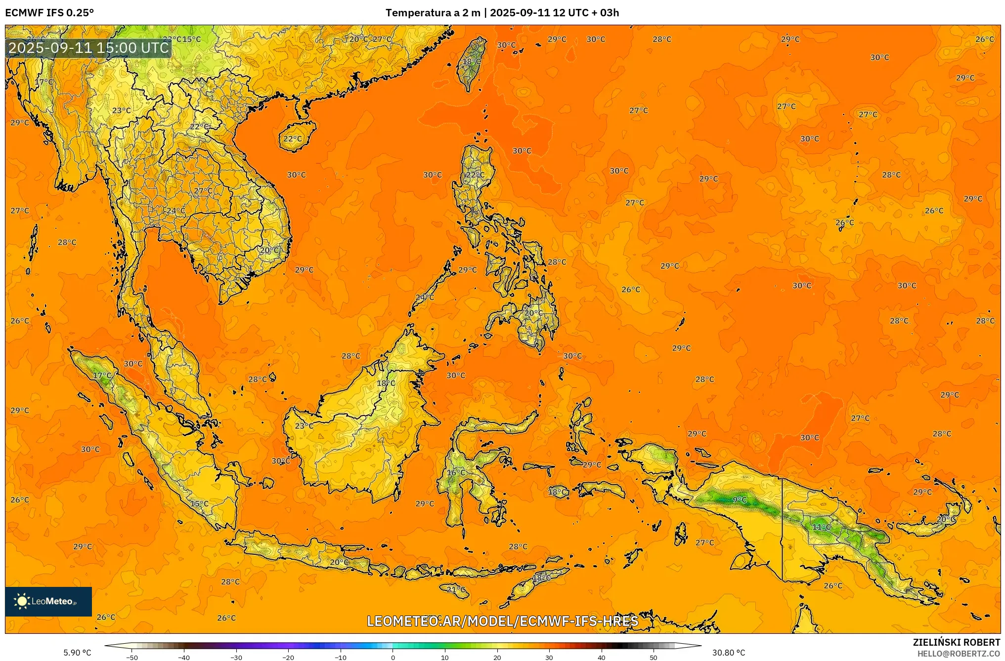 ECMWF IFS 0.25° model - Sudeste Asiático, Temperatura a 2 m ECMWF IFS 0.25° model - Sudeste Asiático, Temperatura a 2 m