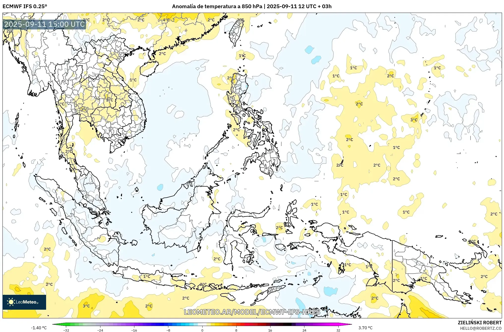 ECMWF IFS 0.25° model - Sudeste Asiático, Anomalía de temperatura a 850 hPa ECMWF IFS 0.25° model - Sudeste Asiático, Anomalía de temperatura a 850 hPa