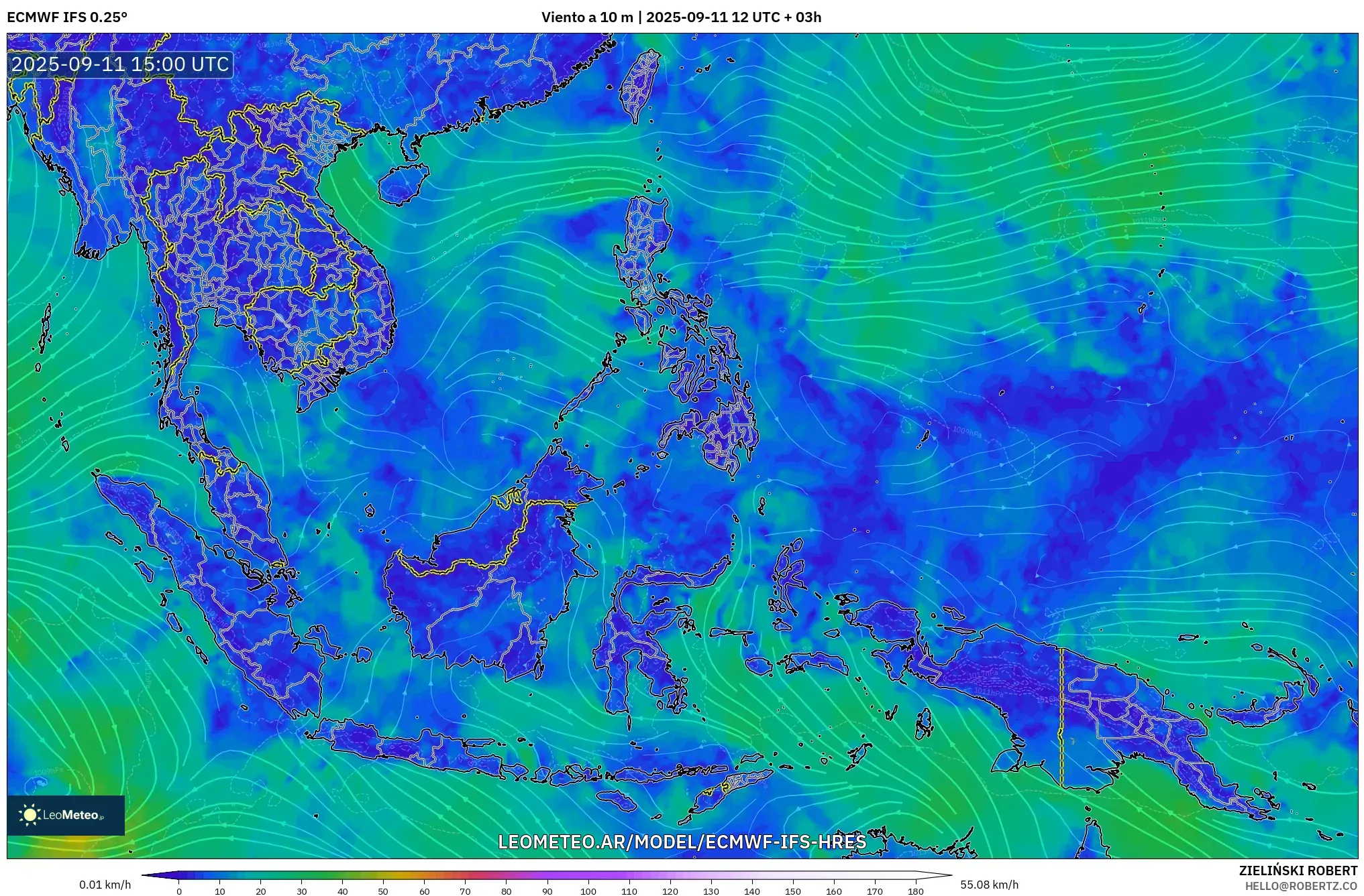 ECMWF IFS 0.25° model - Sudeste Asiático, Viento a 10 m ECMWF IFS 0.25° model - Sudeste Asiático, Viento a 10 m