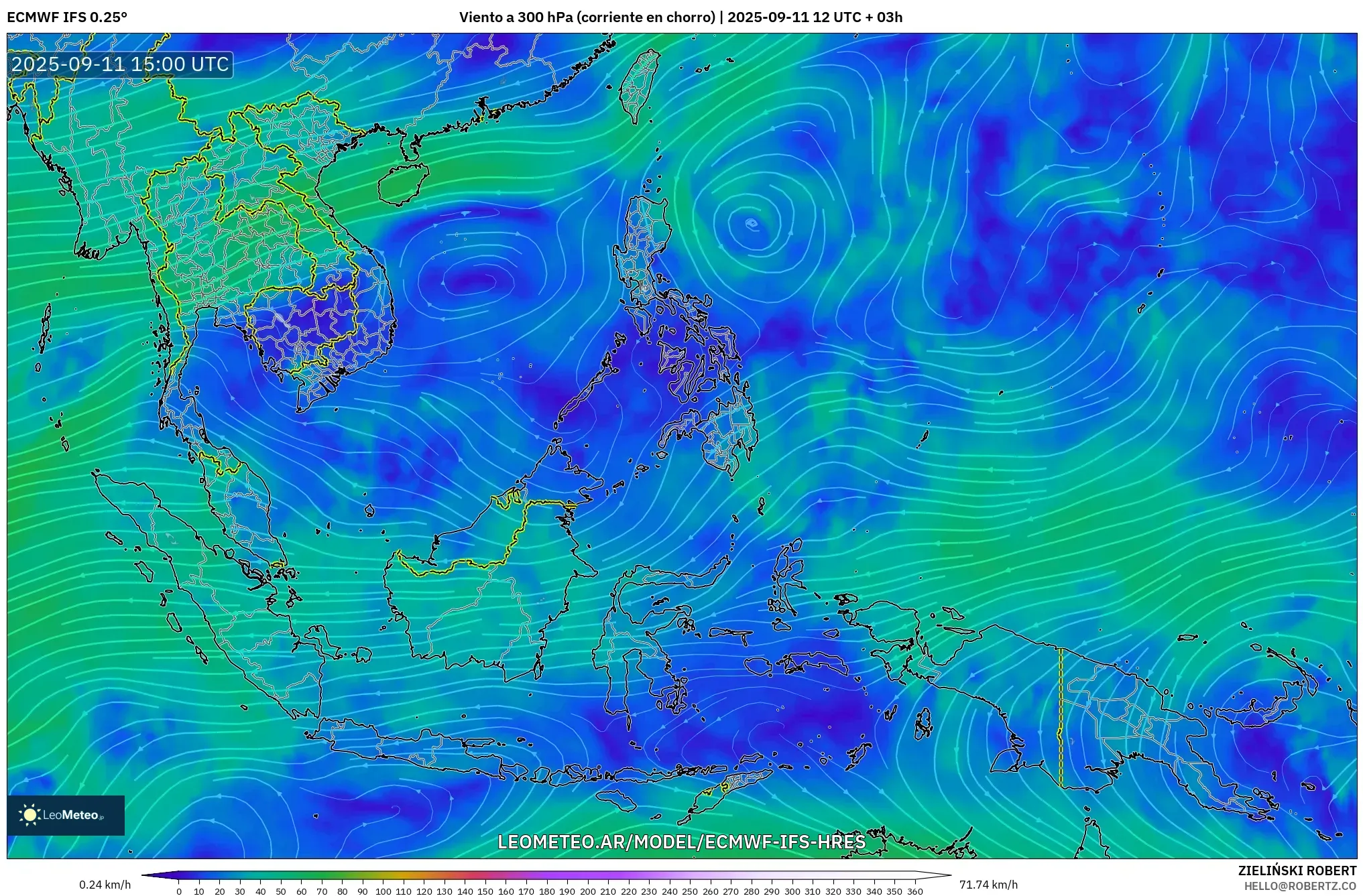 ECMWF IFS 0.25° model - Sudeste Asiático, Viento a 300 hPa (corriente en chorro)
