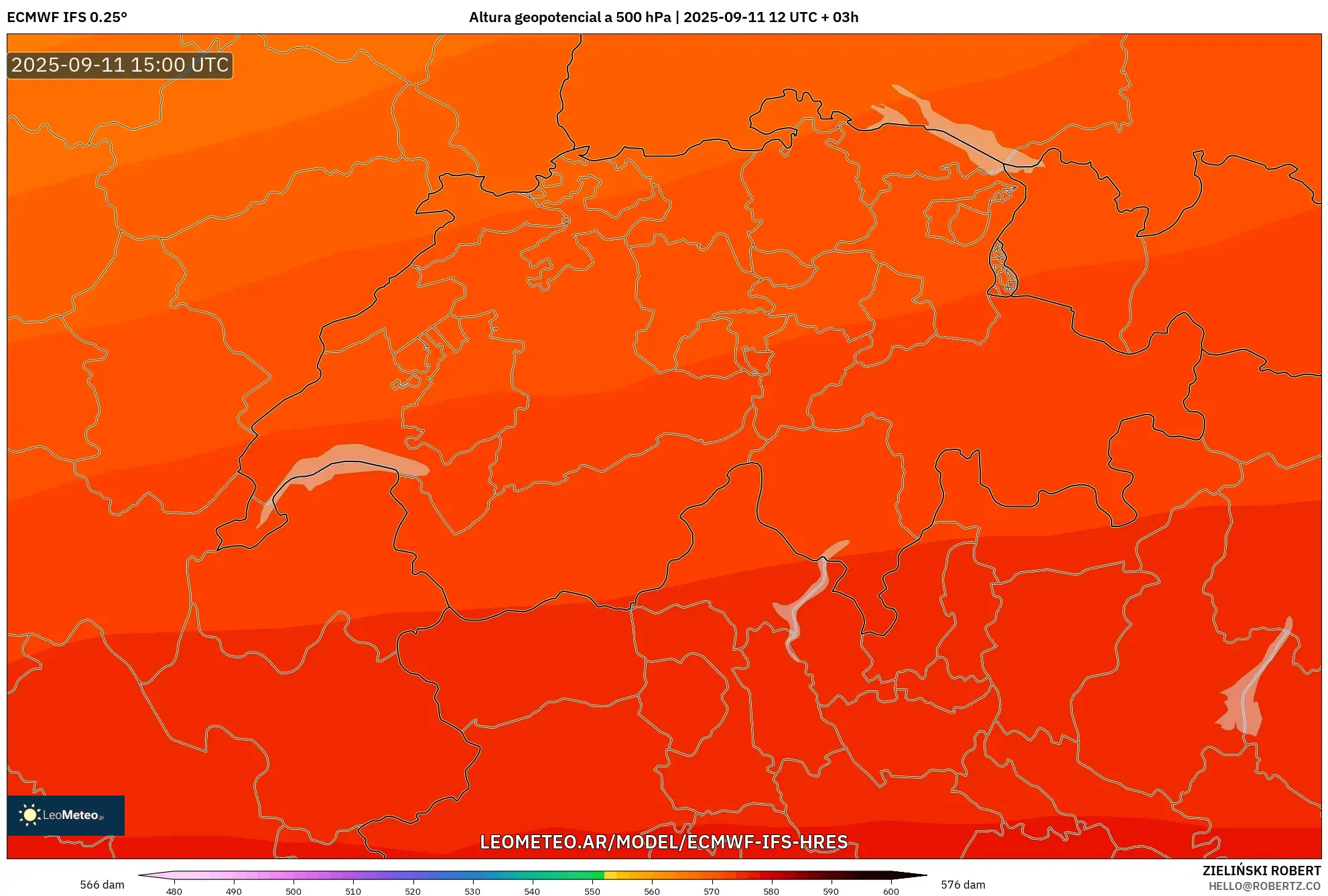 ECMWF IFS 0.25° model - Suiza, Altura geopotencial a 500 hPa