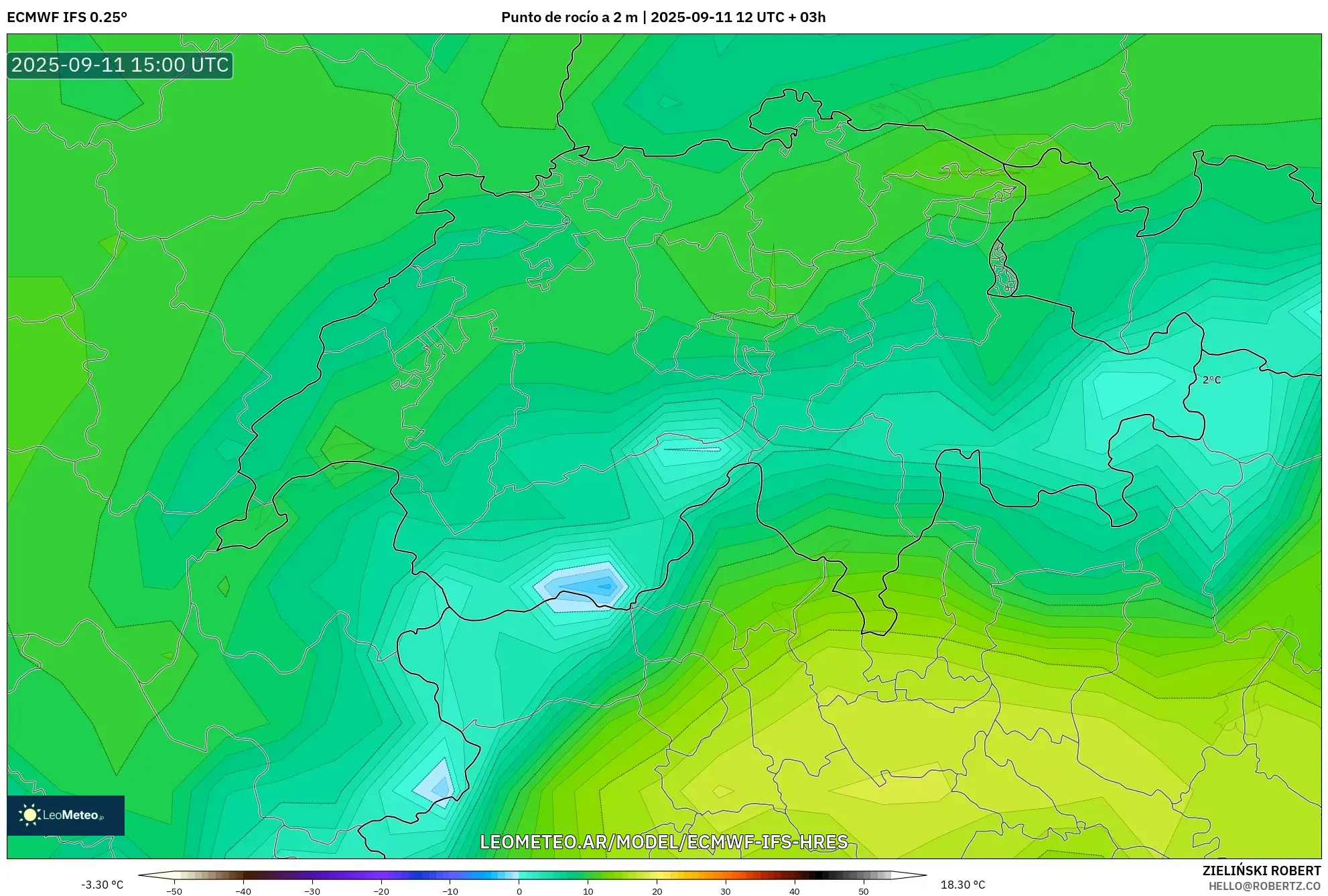 ECMWF IFS 0.25° model - Suiza, Punto de rocío a 2 m ECMWF IFS 0.25° model - Suiza, Punto de rocío a 2 m