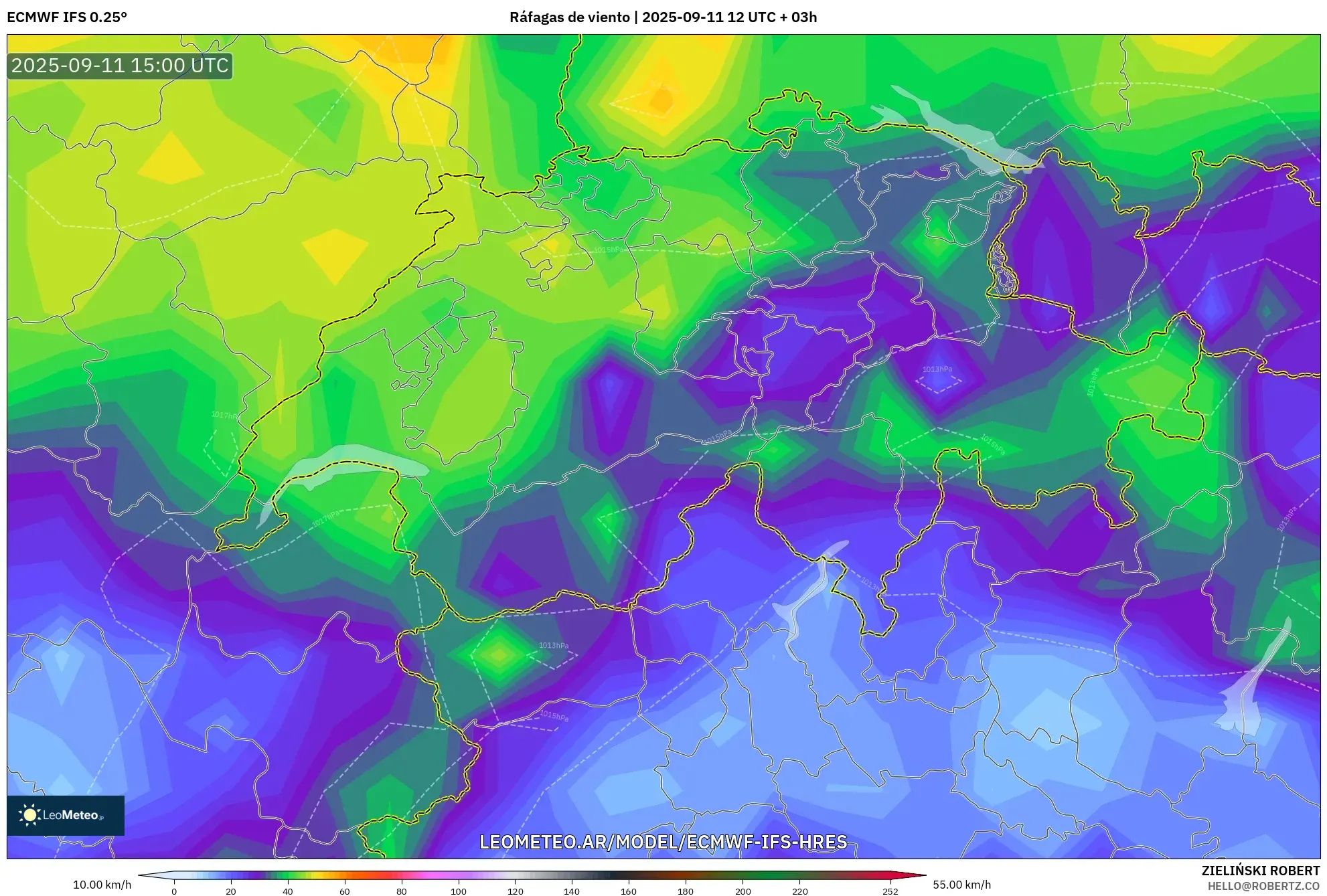 ECMWF IFS 0.25° model - Suiza, Ráfagas de viento ECMWF IFS 0.25° model - Suiza, Ráfagas de viento