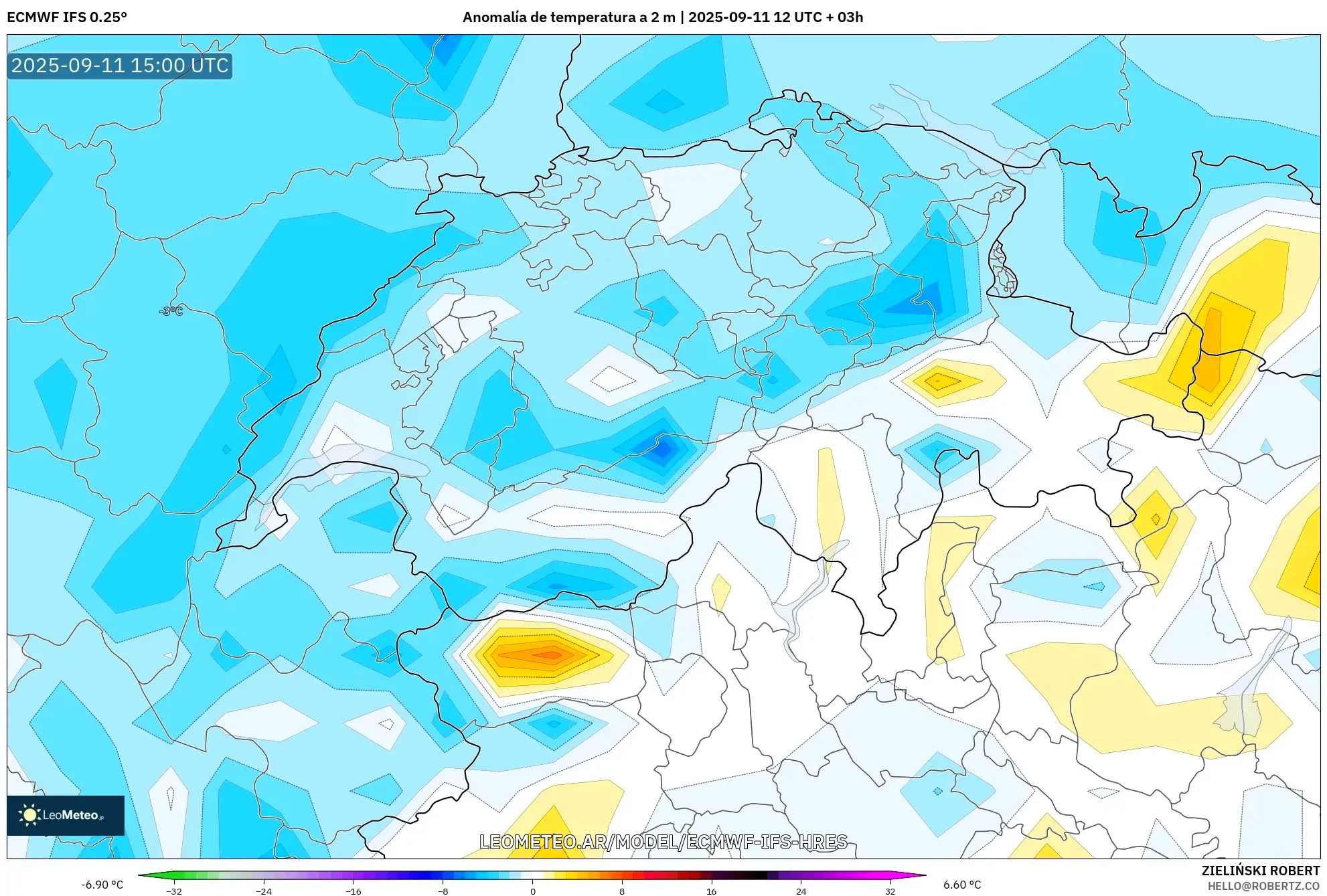 ECMWF IFS 0.25° model - Suiza, Anomalía de temperatura a 2 m