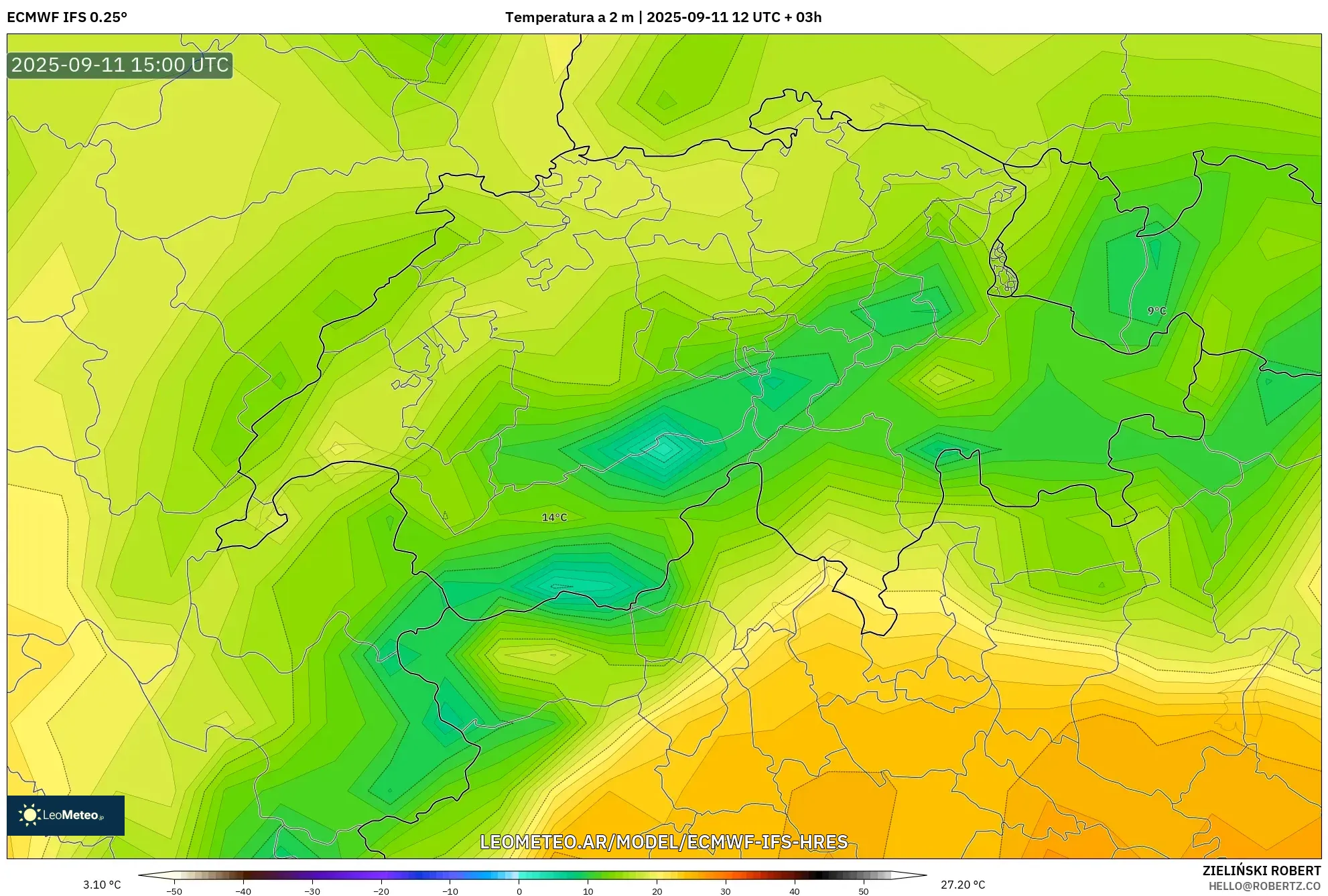 ECMWF IFS 0.25° model - Suiza, Temperatura a 2 m ECMWF IFS 0.25° model - Suiza, Temperatura a 2 m