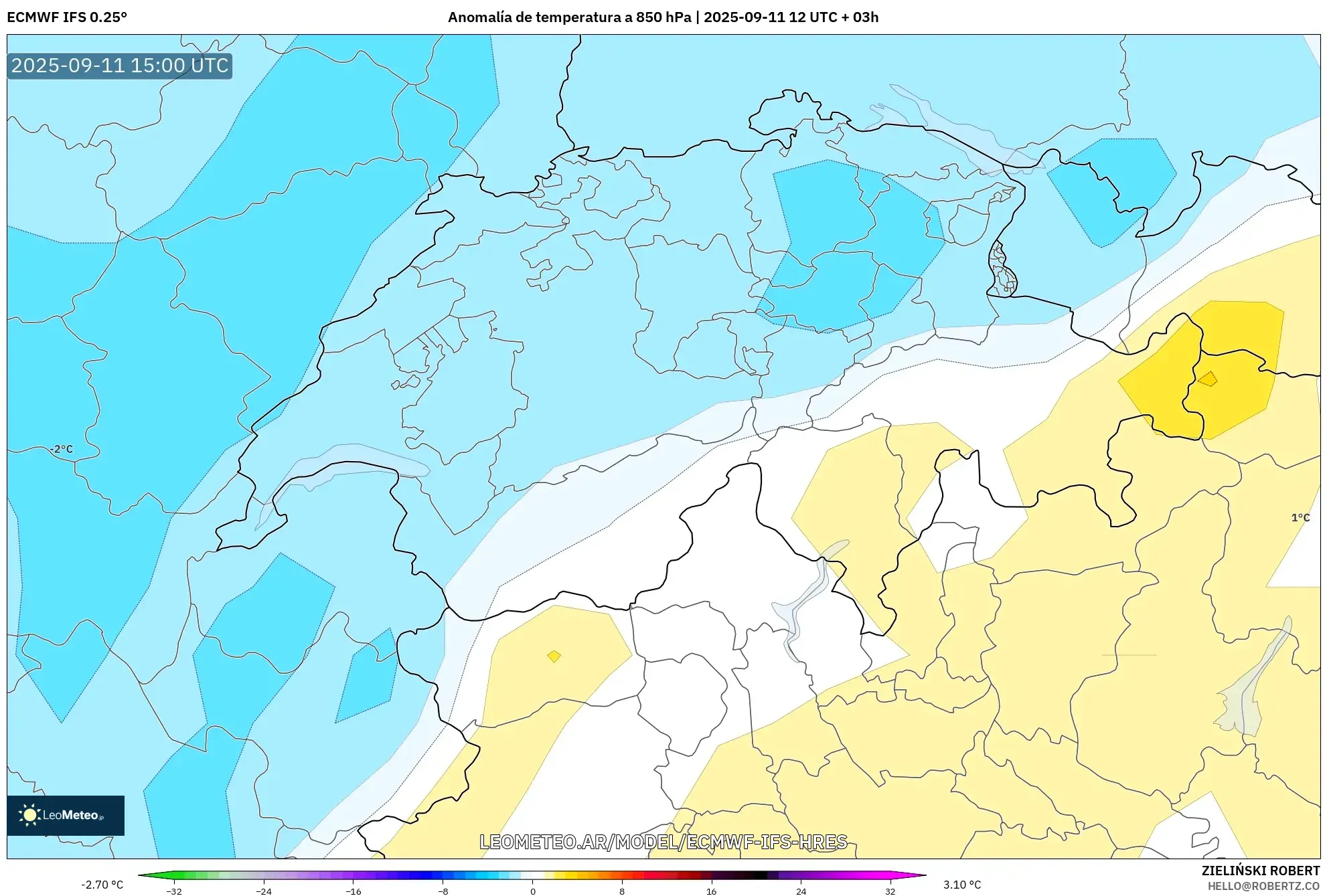ECMWF IFS 0.25° model - Suiza, Anomalía de temperatura a 850 hPa ECMWF IFS 0.25° model - Suiza, Anomalía de temperatura a 850 hPa