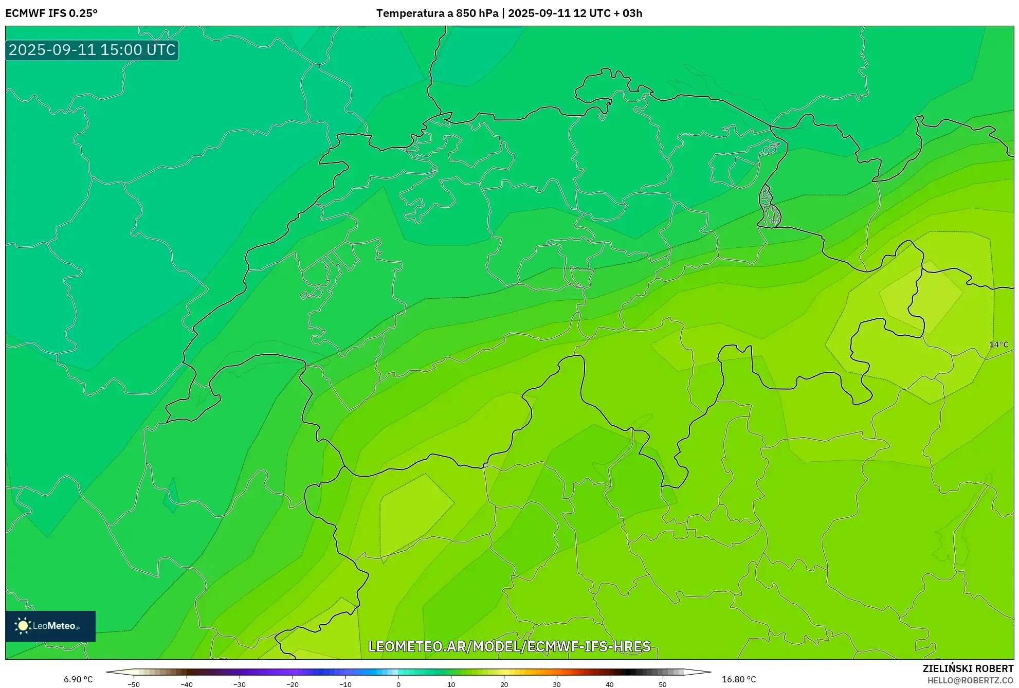 ECMWF IFS 0.25° model - Suiza, Temperatura a 850 hPa ECMWF IFS 0.25° model - Suiza, Temperatura a 850 hPa