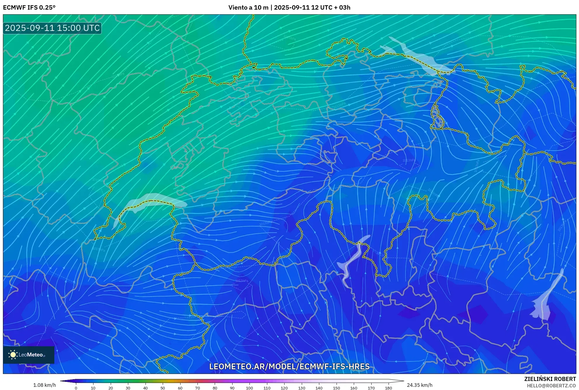 ECMWF IFS 0.25° model - Suiza, Viento a 10 m